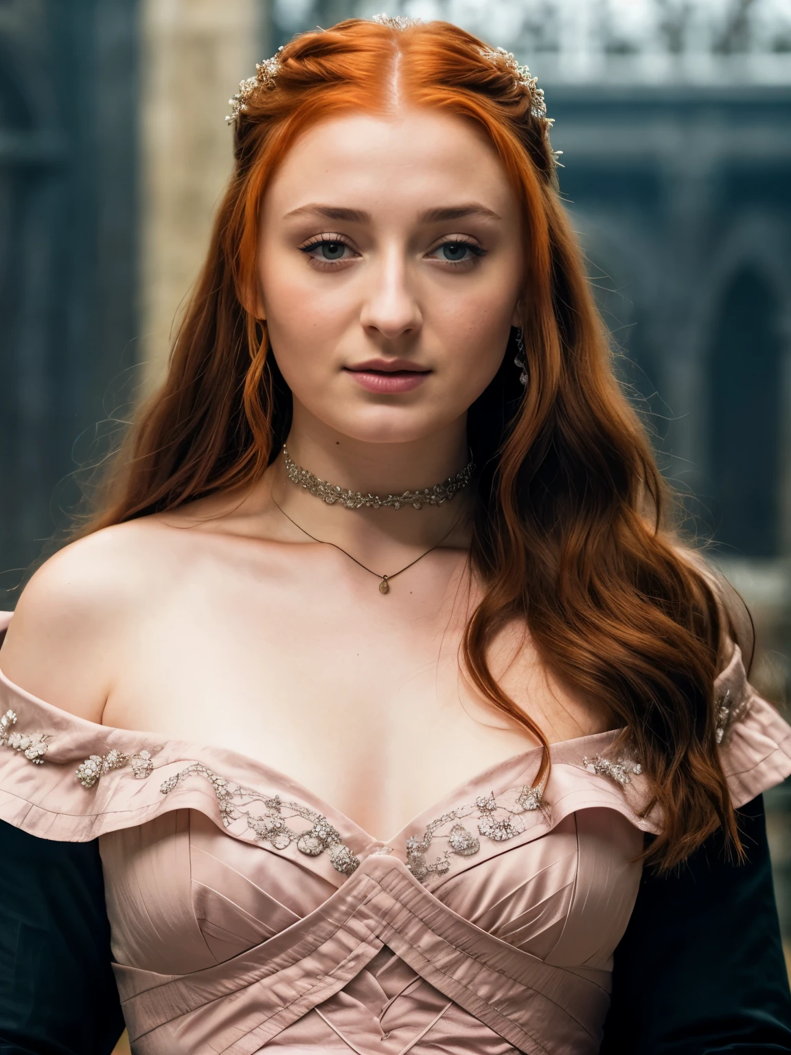 Foto RAW, Sansa Stark PLAYED BY SOPHIE TURNER Ned and Cat's oldest daughter. Demure and ladylike, her dream to marry Prince Joffrey. Her direwolf named Lady , Game of Thrones Series, (pele altamente detalhada: 1.2), 8k UHD, DSLR, soft-lighting, alta qualidade, grain of film, Fujifilm XT3