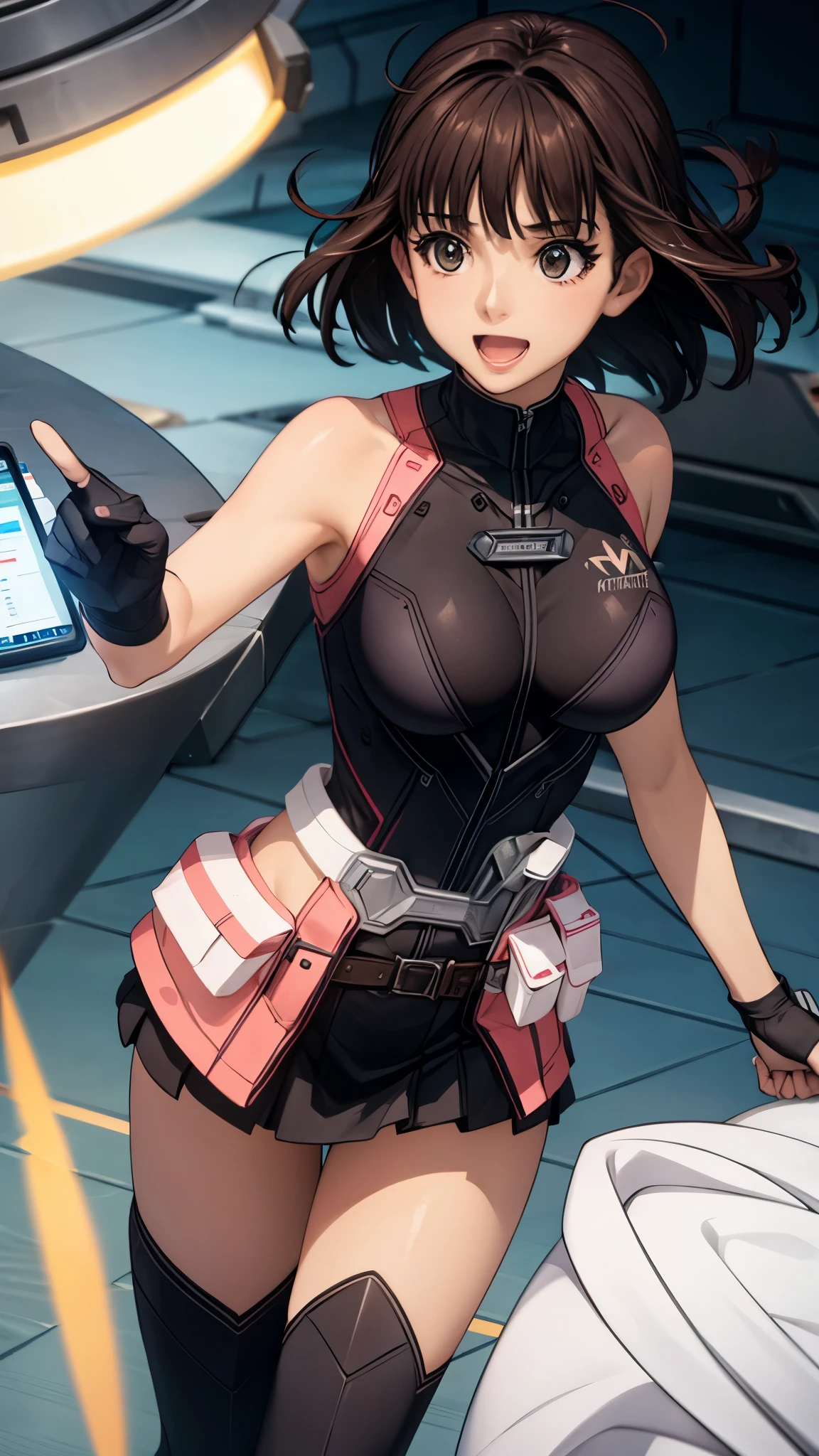 woman,20-year-old,,city,night,shiny skirt bodysuit,(Harada Makoto),open mouth smile
