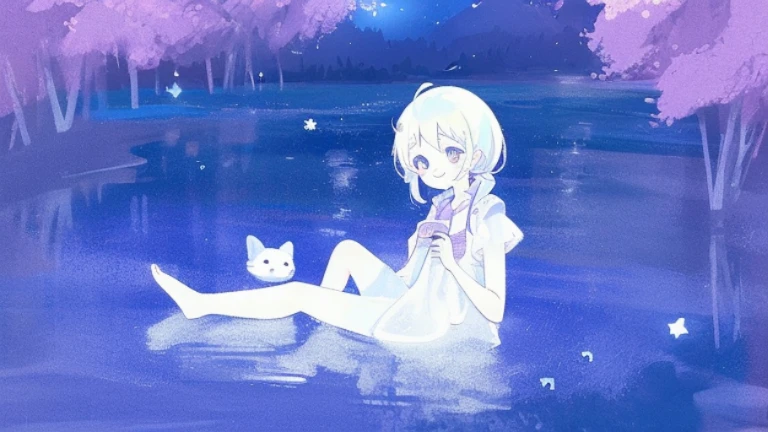 fair skin,The skin is delicate and shiny,cute smile,Clear eyes,Amethyst jewel-like eyes,Star-shaped pupils,a girl,Sitting on his knees, playing and splashing water,Background next to clear river water,The river water is clear and transparent,The moonlight casts shadows on the lake,Barefoot,pastel colors,Soft contrast