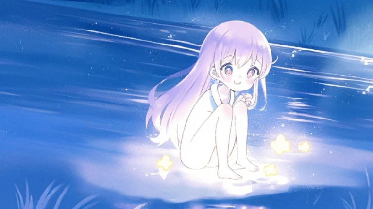 fair skin，The skin is delicate and shiny，cute smile，Clear eyes，Amethyst jewel-like eyes，Star-shaped pupils，a girl，Sitting on his knees, playing and splashing water，Background next to clear river water，The river water is clear and transparent，The moonlight casts shadows on the lake，Barefoot，pastel colors，Soft contrast