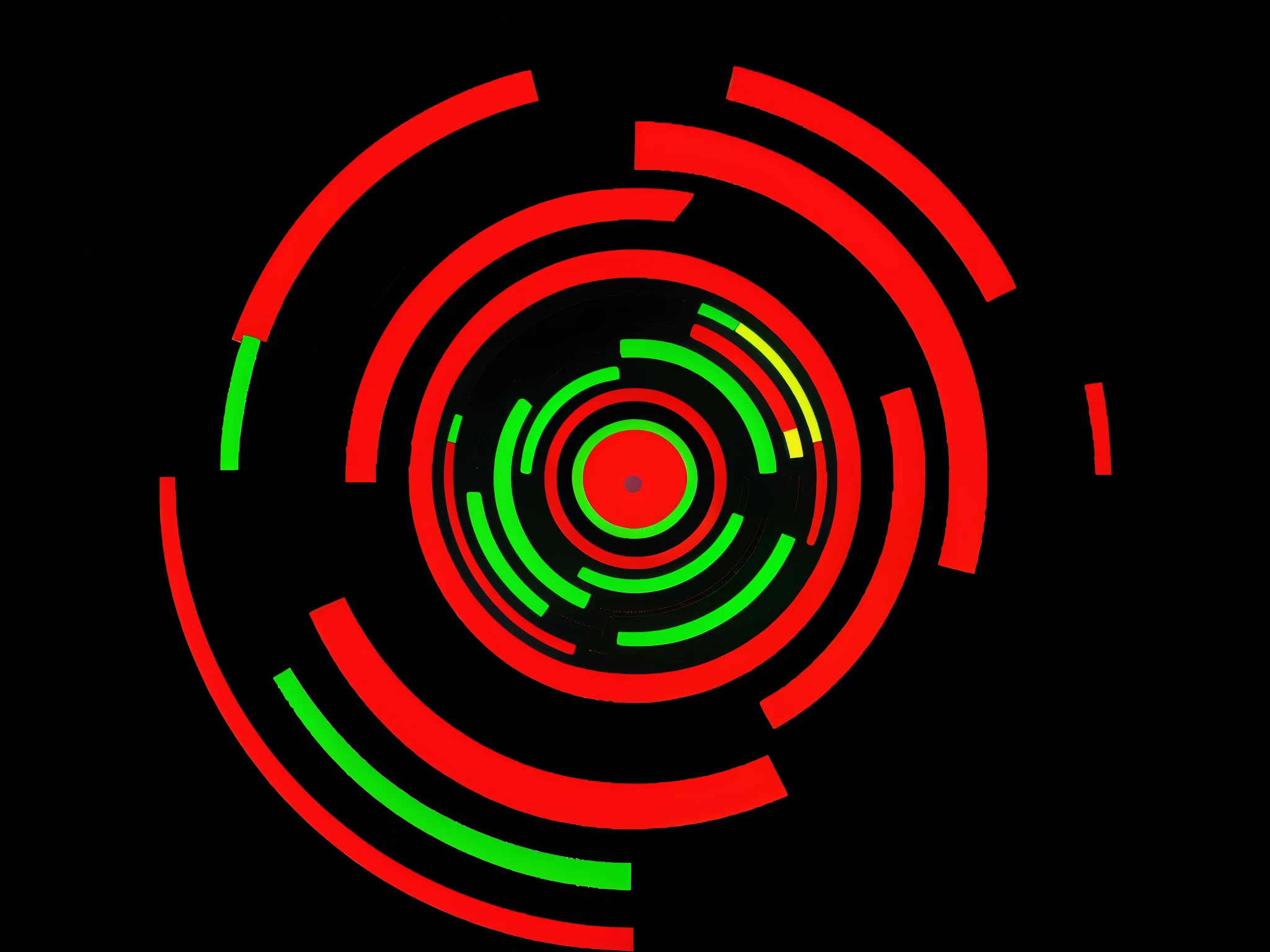 a close up of a red and green circular object on a black background, neon circles, concentric circles, computer generated, red and green lighting, techno, computer - generated, digital art - n 9, digital illustration radiating, technological rings, light circles, ( ( generative ) ), colours red and green, rgb displacement, red and green tones