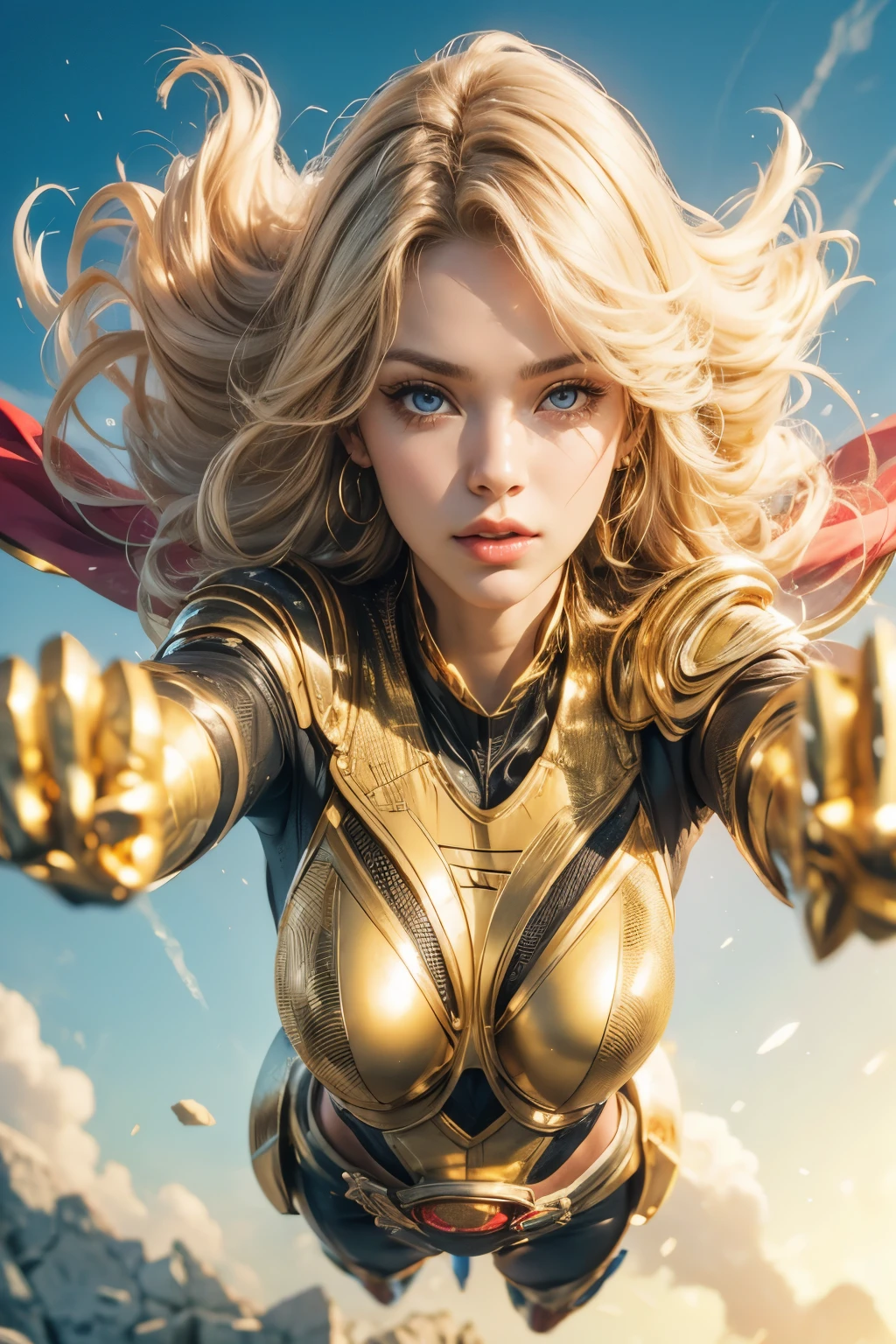 A blonde, blue-eyed woman is flying through the sky like Superman. The woman is wearing a golden metallic battle uniform. Around his waist is something reminiscent of Kamen Rider's transformation belt. Beautiful double eyes. The bridge of my nose. Well-shaped lips. Twenty years old.A desolate wasteland, similar to Mars, spreads out beneath our feet.