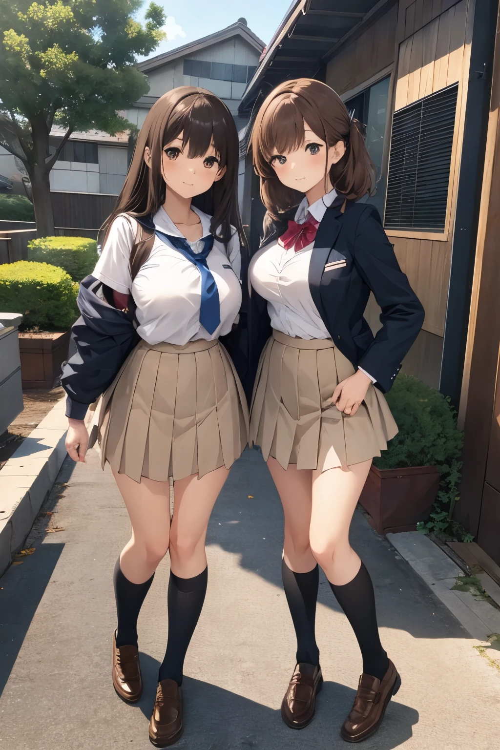 High quality, anime, full body, Japanese, two girls, cute, brown hair, big breasts, slender, big eyes, small nose, school uniform, school, lesbian,