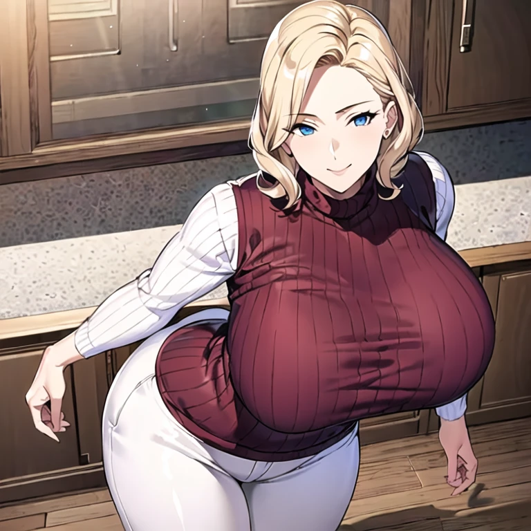 masterpiece, best quality, 1girl, solo, mature female, huge breasts, narrow waist, wide hips, curvy, curly hair, short hair, short bangs, blonde hair, blue eyes, turtleneck, turtleneck sweater, ribbed sweater, white sweater, brown pants, standing, indoors, sexy pose, seductive smile, looking at viewer