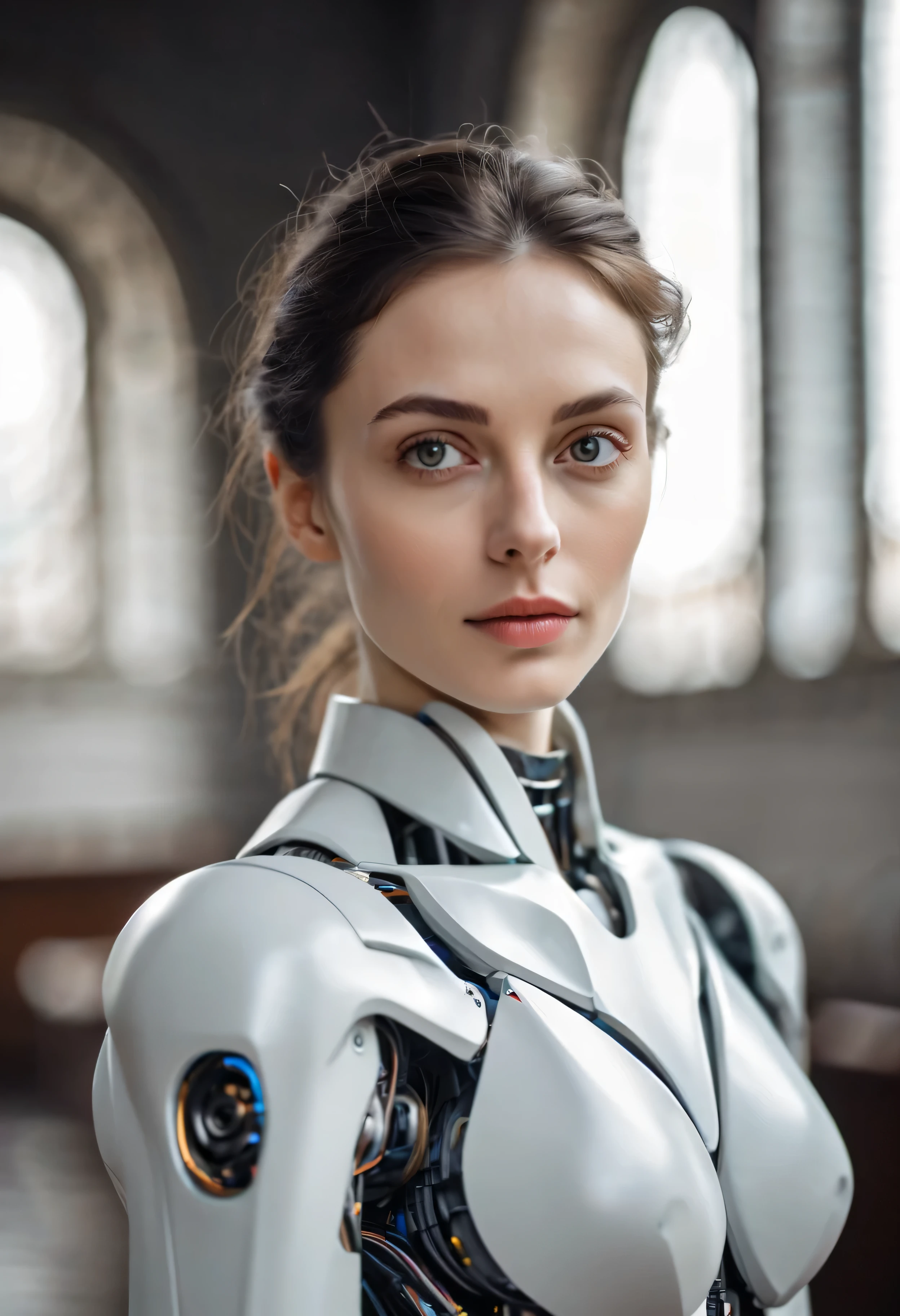 Portrait of a beautiful woman about 35 with a deep look, intelligent eyes and a barely noticeable mysterious smile. Face pale matte, graceful. Features are subtle, Aristocratic. gray eyes, slightly tired with characteristic wrinkles in the corners from frequent concentration and reading. Insightful look,lesiastical architecture, by redefining prestig, wearing detailed robotic suit