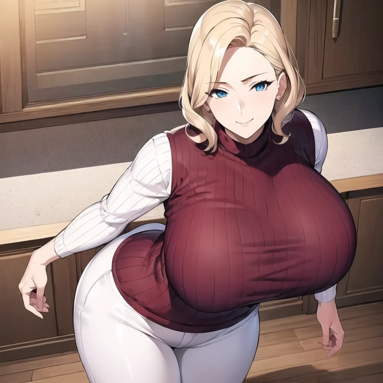masterpiece, best quality, 1girl, solo, mature female, huge breasts, narrow waist, wide hips, curvy, curly hair, short hair, short bangs, blonde hair, blue eyes, turtleneck, turtleneck sweater, ribbed sweater, white sweater, brown pants, standing, indoors, sexy pose, seductive smile, looking at viewer