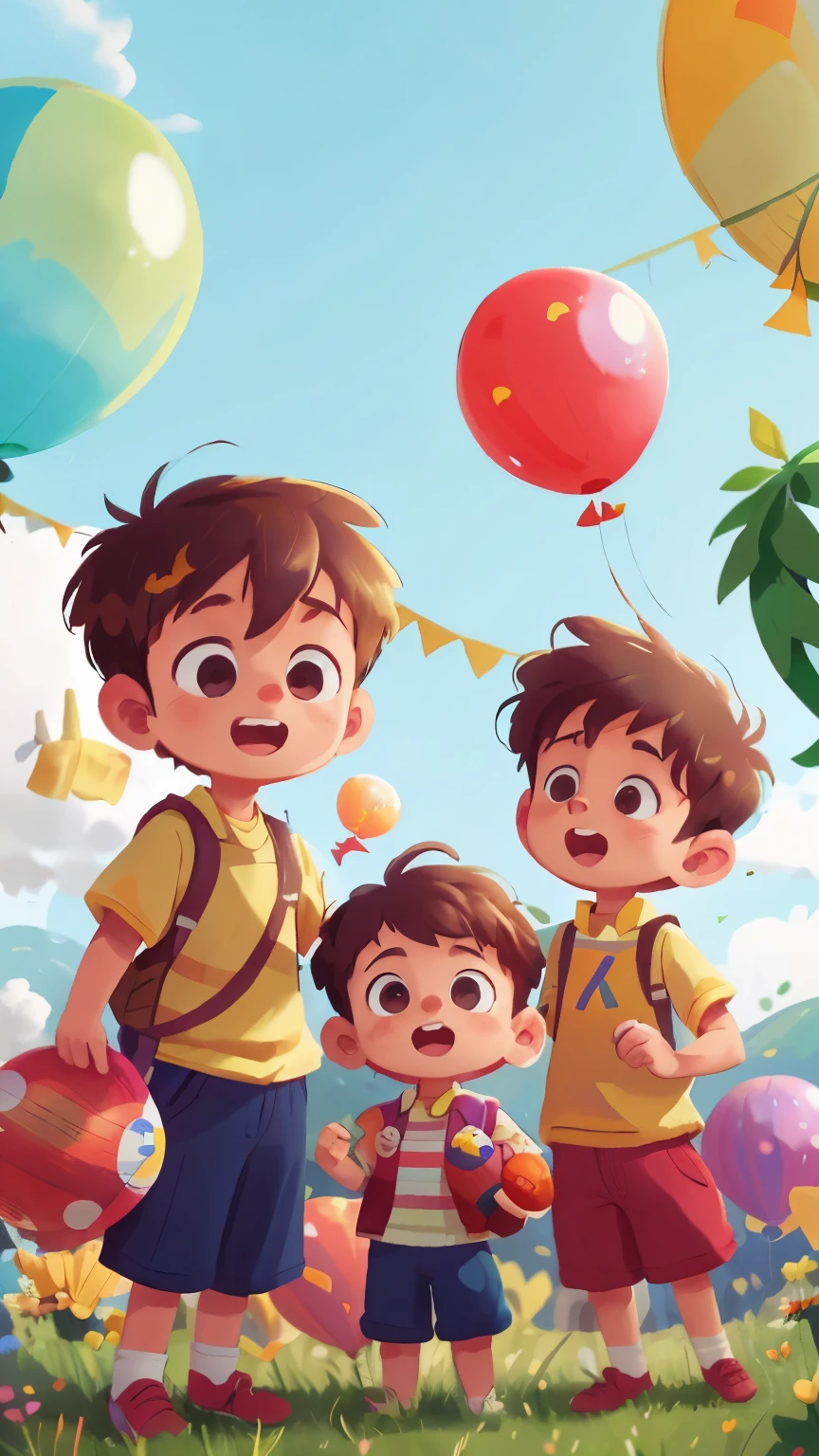 Three boys, holding a baloon, colorful balloons floating in the sky, meadow, dancing, happy, happy, perfect quality, clear focus (clutter-home: 0.8), (masterpiece: 1.2) (Realistic: 1.2) (Bokeh) (Best quality) (Detailed skin: 1.3) (Intricate details) (8K) (Detail Eyes) (Sharp Focus), (Happy), bright colours, colourful