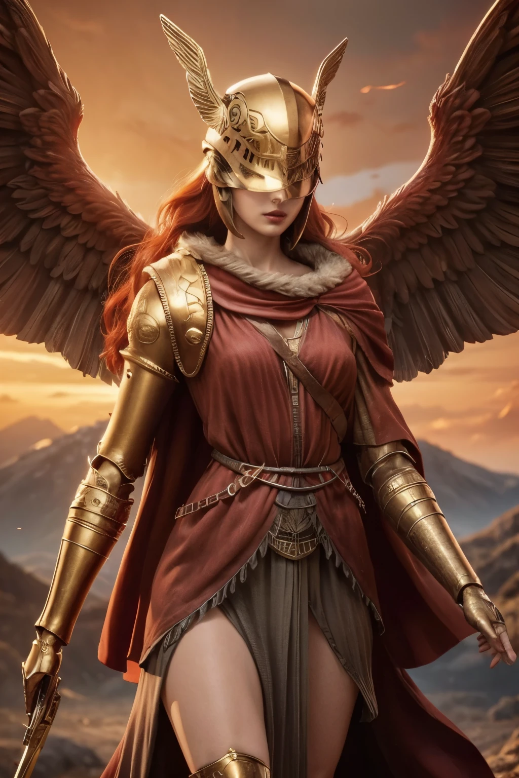 woman with sword and red cape, by Kanō Tan'yū, goddess athena, lady in red armor, athena goddess of wisdom, Greek goddess athena, detailed image, golden goddess athena, persephone sculpture, inspired by Kanō Hōgai, golden helmet with gold wings close-up full body, background of mountains with sunlight, bare chest, beautiful body, 4k skin, defined red lips, nude