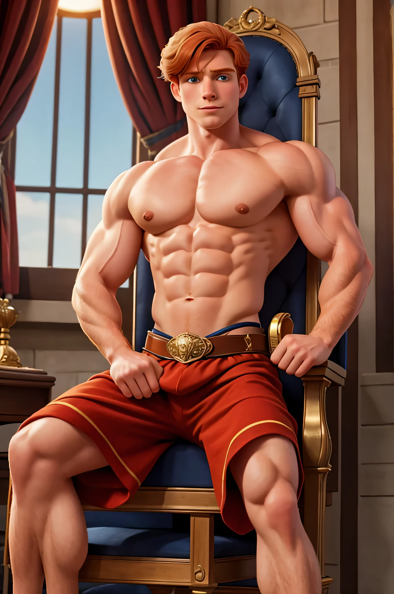 british prince , male, ginger hair, muscular pectorals, biceps, on throne