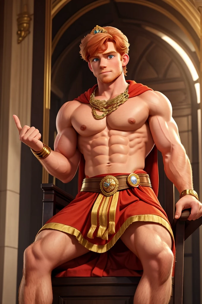 british prince , male, ginger hair, muscular pectorals, biceps, on throne, wearing state imperial crown