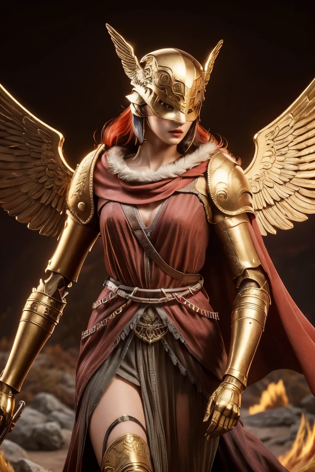 woman with sword and red cape, by Kanō Tan'yū, goddess athena, lady in red armor, athena goddess of wisdom, Greek goddess athena, detailed image, golden goddess athena, persephone sculpture, inspired by Kanō Hōgai, golden helmet with gold wings close-up full body, background of mountains with sunlight, bare chest, beautiful body, 4k skin, defined red lips, nude