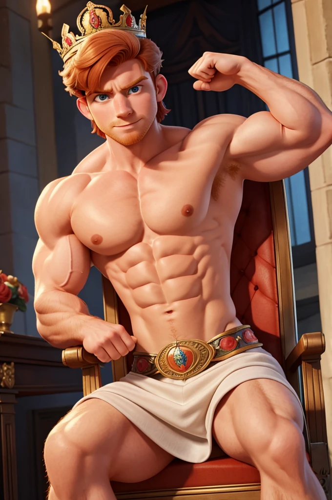 british prince , male, ginger hair, muscular pectorals, biceps, on throne, wearing state imperial crown, flexing bicep