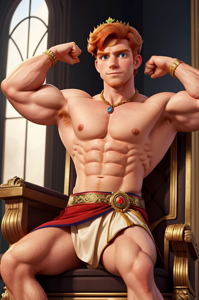 british prince , male, ginger hair, muscular pectorals, biceps, on throne, wearing state imperial crown, flexing bicep
