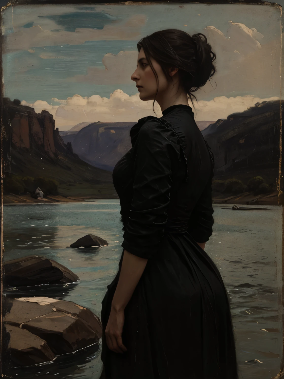 ((Jeremy Lipking style)) ((Nicola Samori style)) woman, black dress, back, sky, river, rocks, hair up