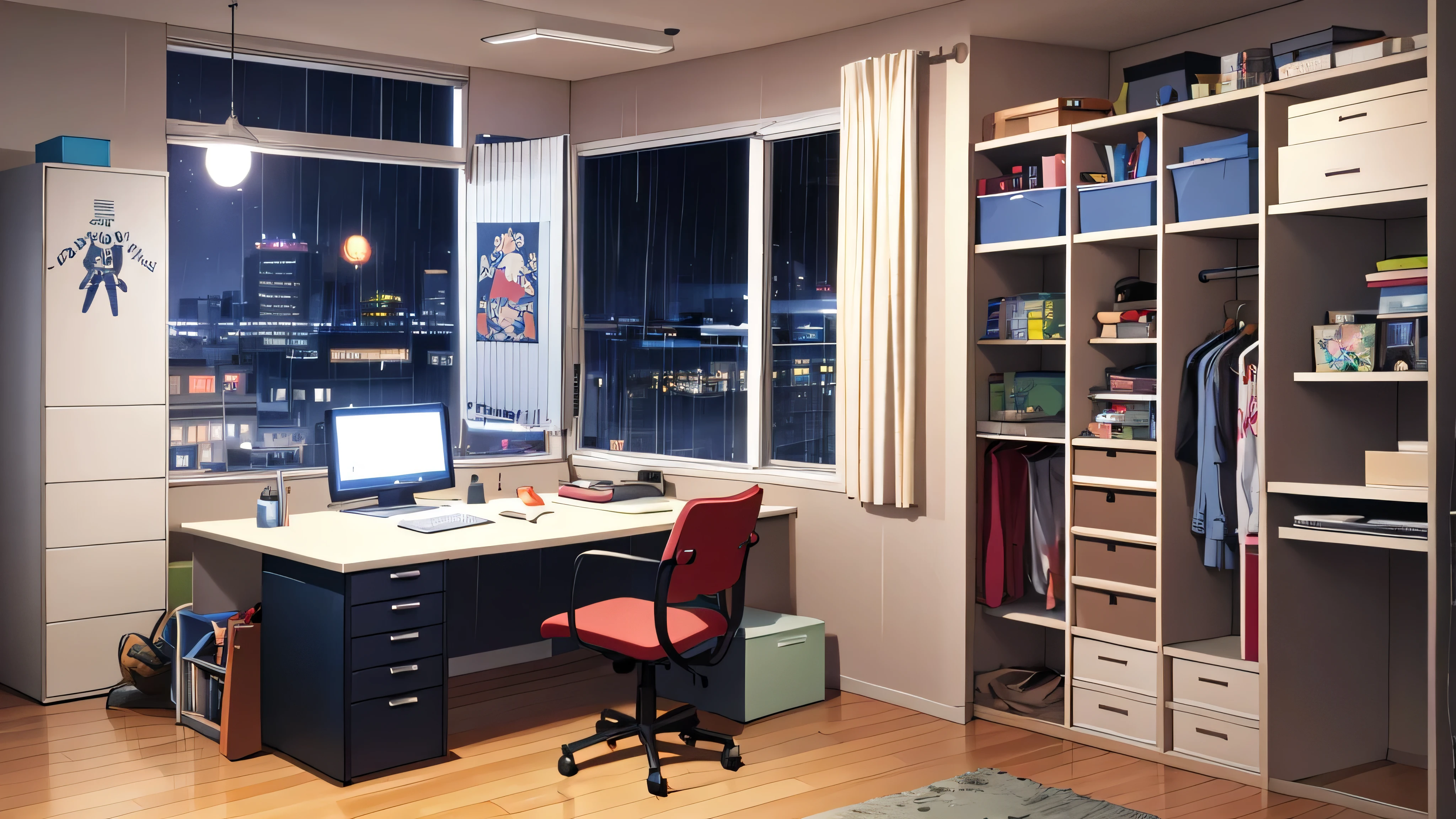 an anime room bedroom for nerd; add desk with desktop computer; one laptop, phone, tablets, programming books, cute, far away camera, closet, window, night outside, raining, basketball ball on the floor, anime posters on walls, NIGHT