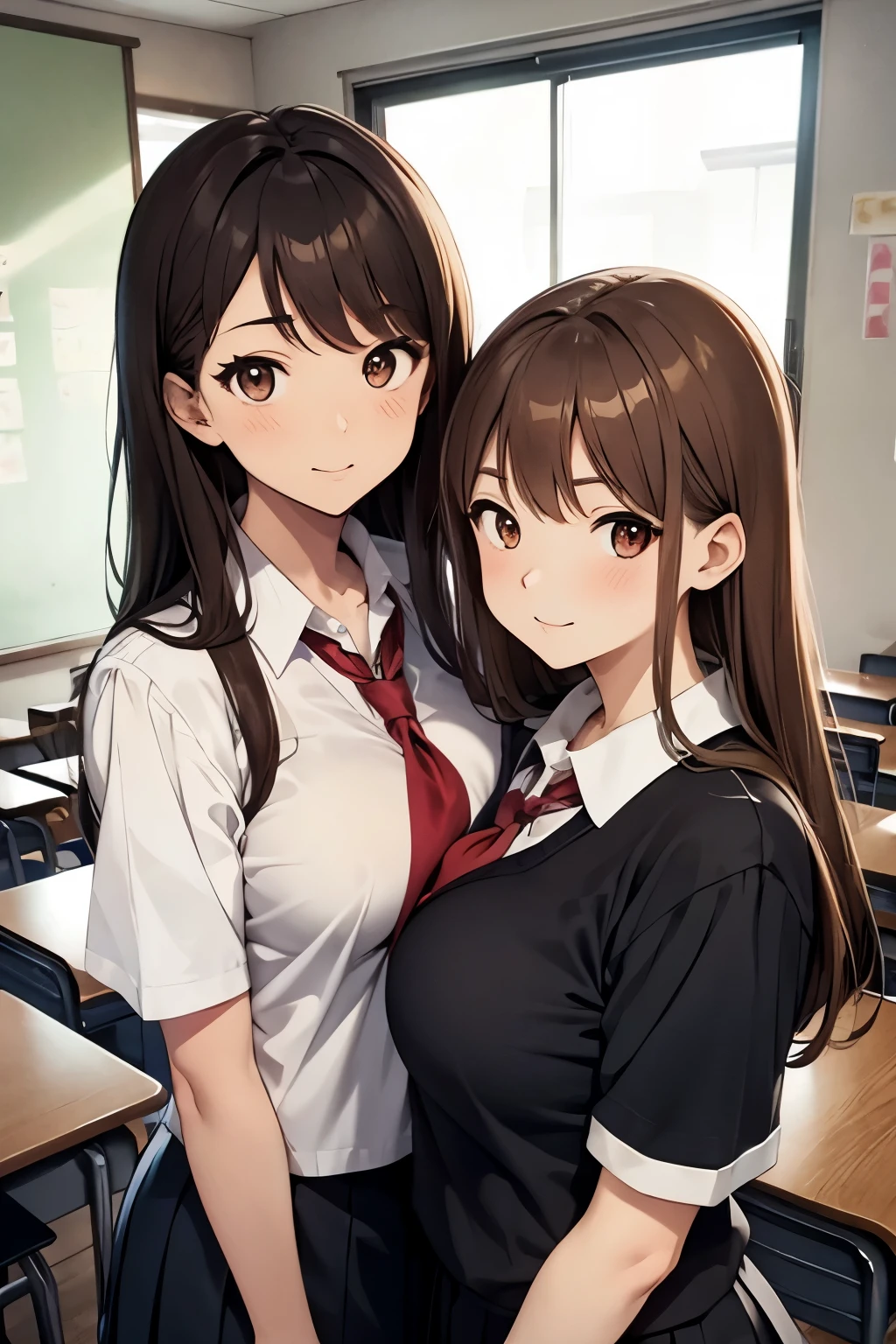 High quality, anime, full body, Japanese, two girls, cute, brown hair, big breasts, slender, big eyes, small nose, school uniform, classroom, lesbian,