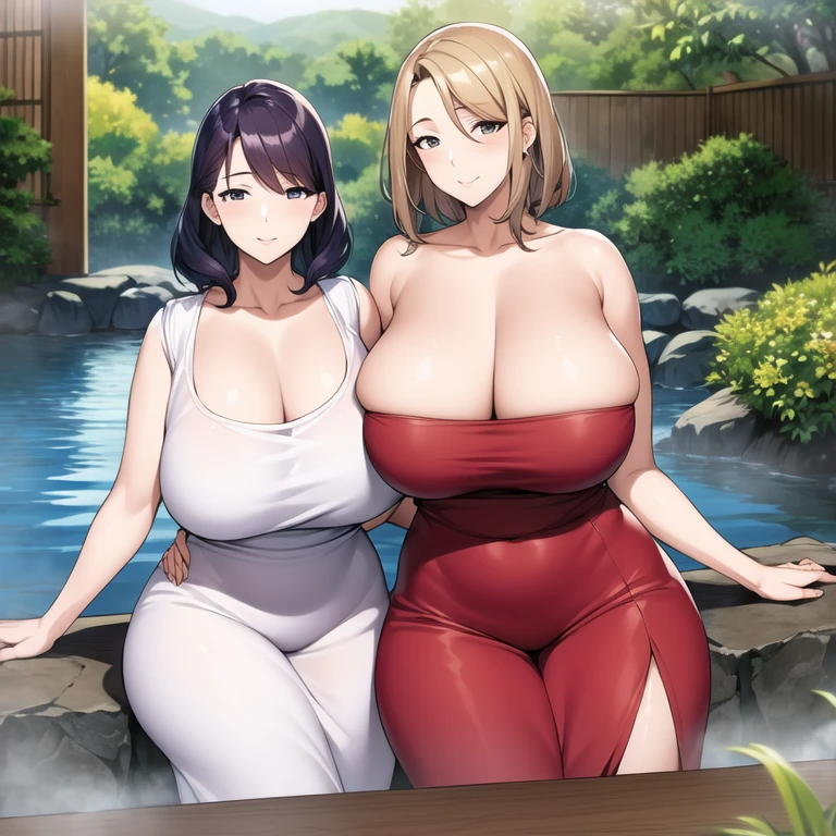 masterpiece, best quality, 2girls, mature female, gigantic breasts, narrow waist, wide hips, curvy, straight hair, short hair, dark hair, dark eyes, nude, female pubic hair, seductive pose, seductive smile, onsen