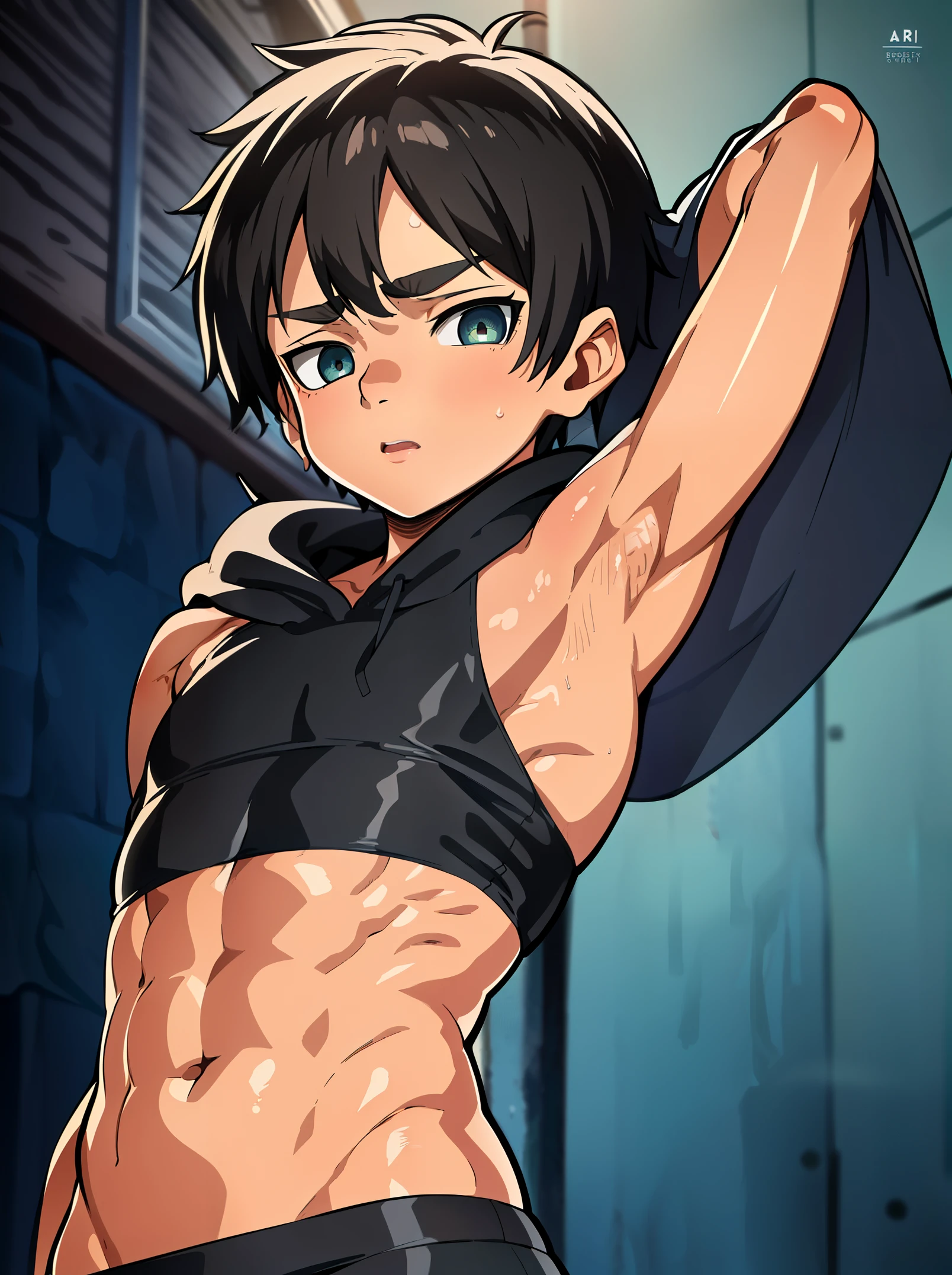 Highres, Masterpiece, Best quality at best,Best Quality,hight quality, hight detailed, 1boy, Shota, Sleeveless hoodie, Body only, (very small and short stature), (very young boy), (very small and short body), -yeld bo (Showing armpit:1.4), hansome, UHD, Smooth image