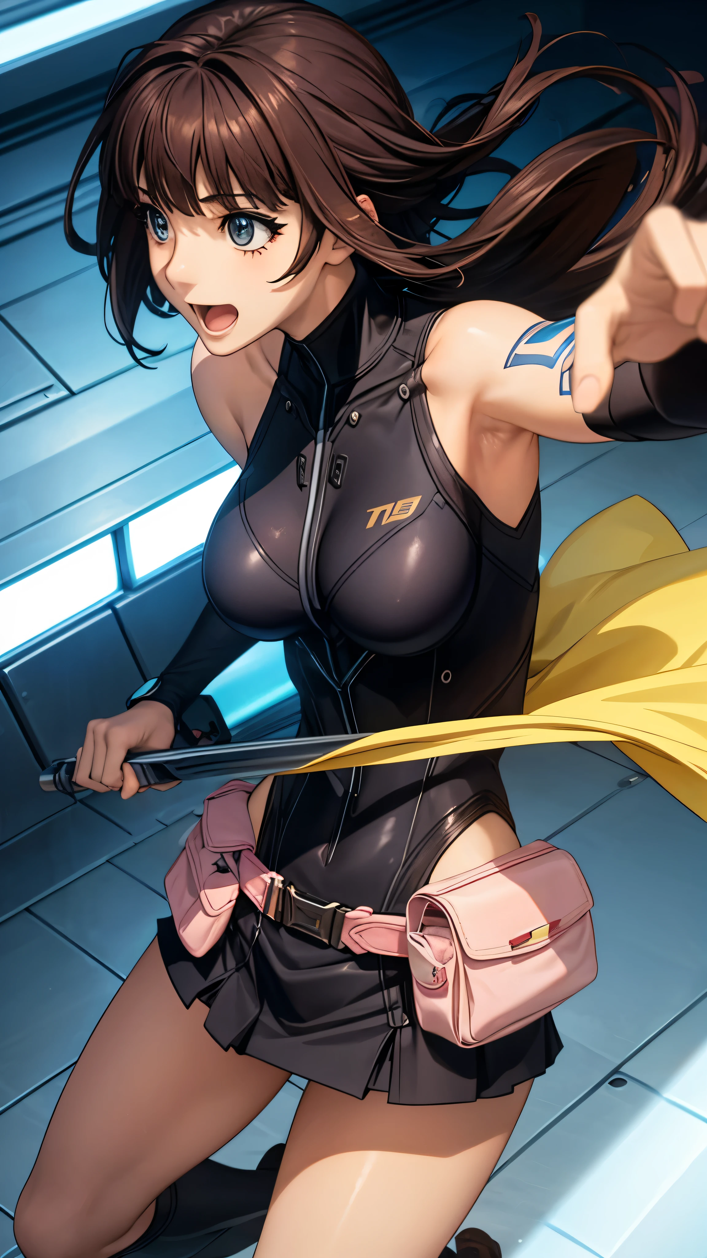 woman,20-year-old,,city,night,Shiny miniskirt bodysuit,(Harada Makoto),open mouth smile