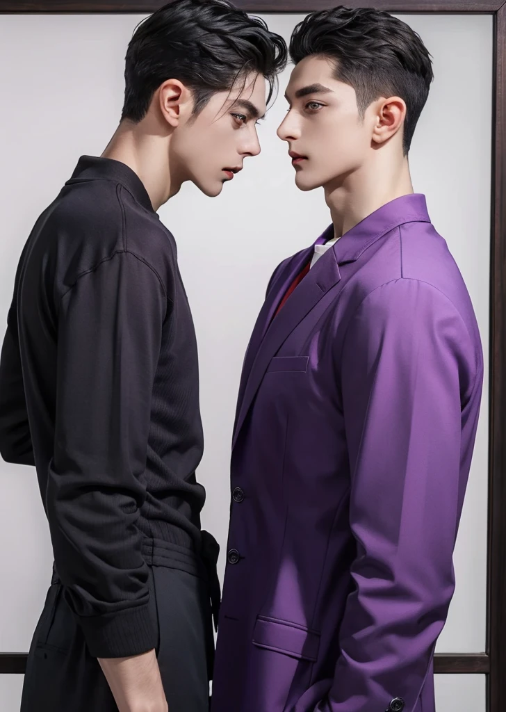 (((two men in the frame))), Beautiful (((man))), interaction, flogging, идеальный man, a male, White skin, Perfect skin, High quality, Black hair, ((Purple eyes)), black long hair,