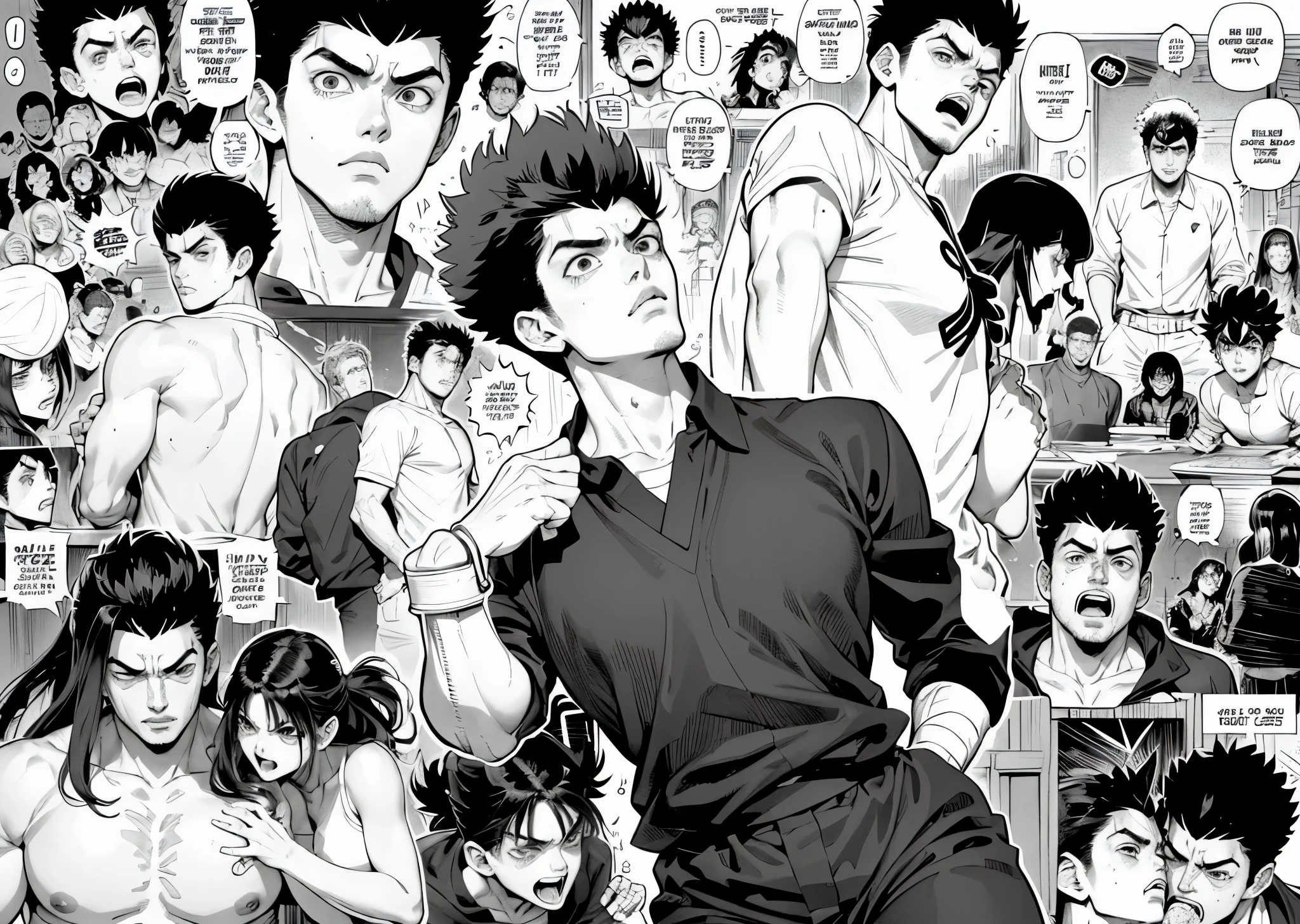 fan page of a comic book with a man kicking a ball, award-winning manga style, black and white manga page, black and white manga panel, manga page, manga scans, detailed manga style, afro samurai manga style, Battle Angel Manga, manga panels, Hajime no Ippo Manga Inspirado, striking manga artstyle, black and white manga comic