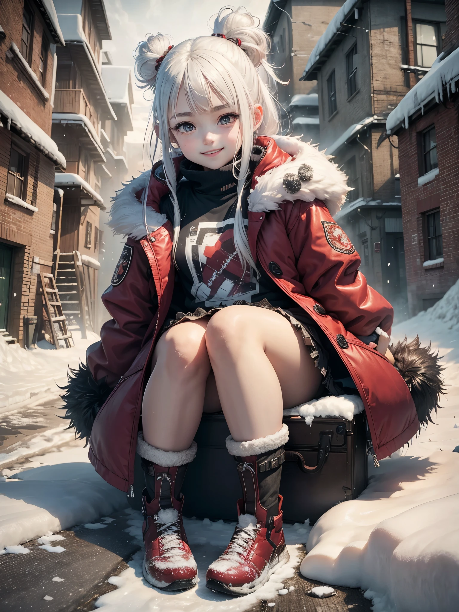 1 girl, young girl, short girl, very young, barefeet, red jacket, scarf, dirty, ((bandages)),patches, stitches , ((white hairs)), realistic anime girl, double hair buns, smiling, snow covered streets, snow fall, ((barefeet)),sitting, boxes,freckles