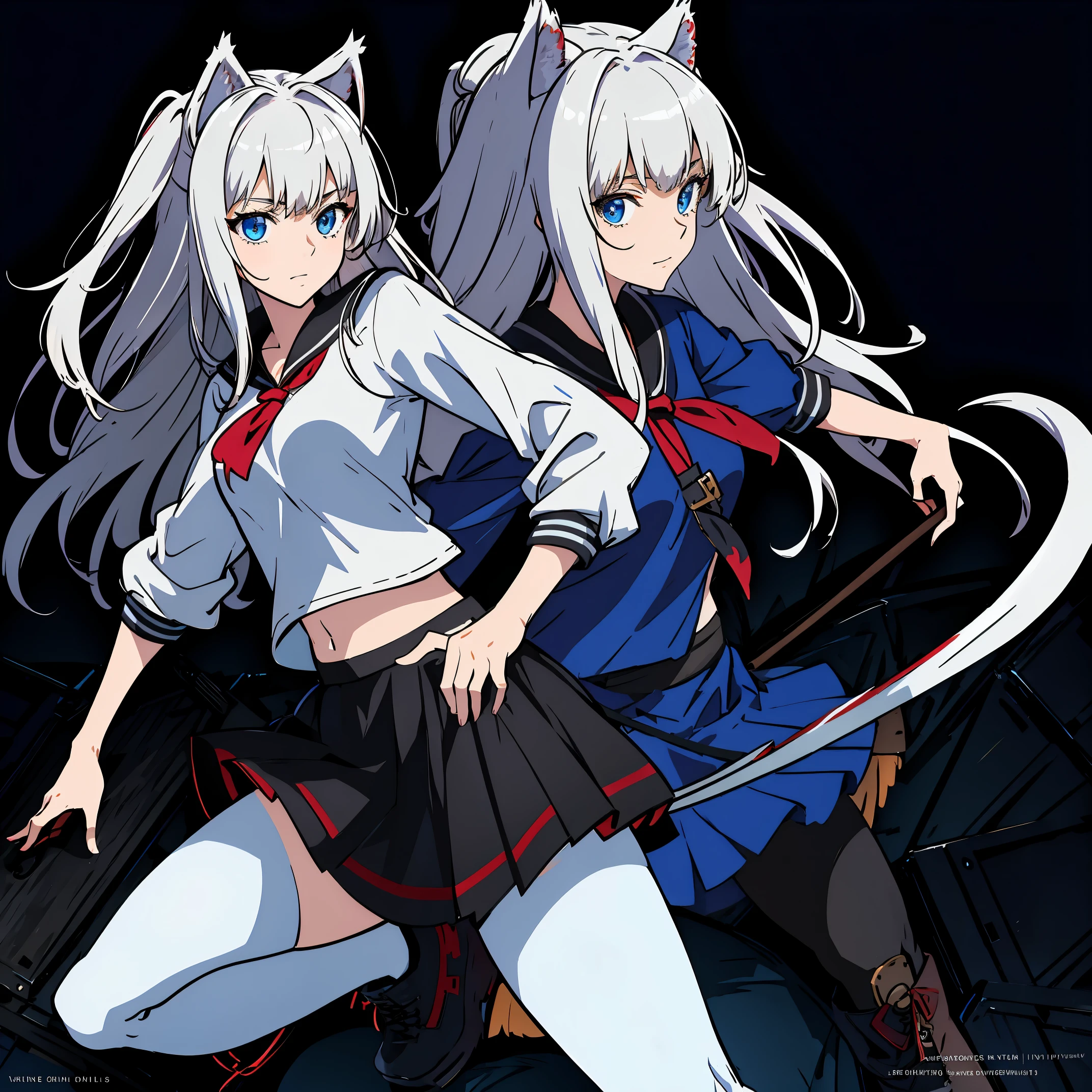 8k, resolution, high quality, high resolution, best quality, extremally detailed, best resolution, absurd resolution, ray tracing, high detailed, masterpiece, extremely detailed,shoulder length white hair, female,2 white wolf ears, teenage girl, slim body, white scale dragon tail,black boots,black leggings, navel blue school skirt, sailor shirt, white jacket, medium size chest, detailed blue eyes, detailed beautiful face,solo female,1 dragon tail, detailed eyes, tomboyish