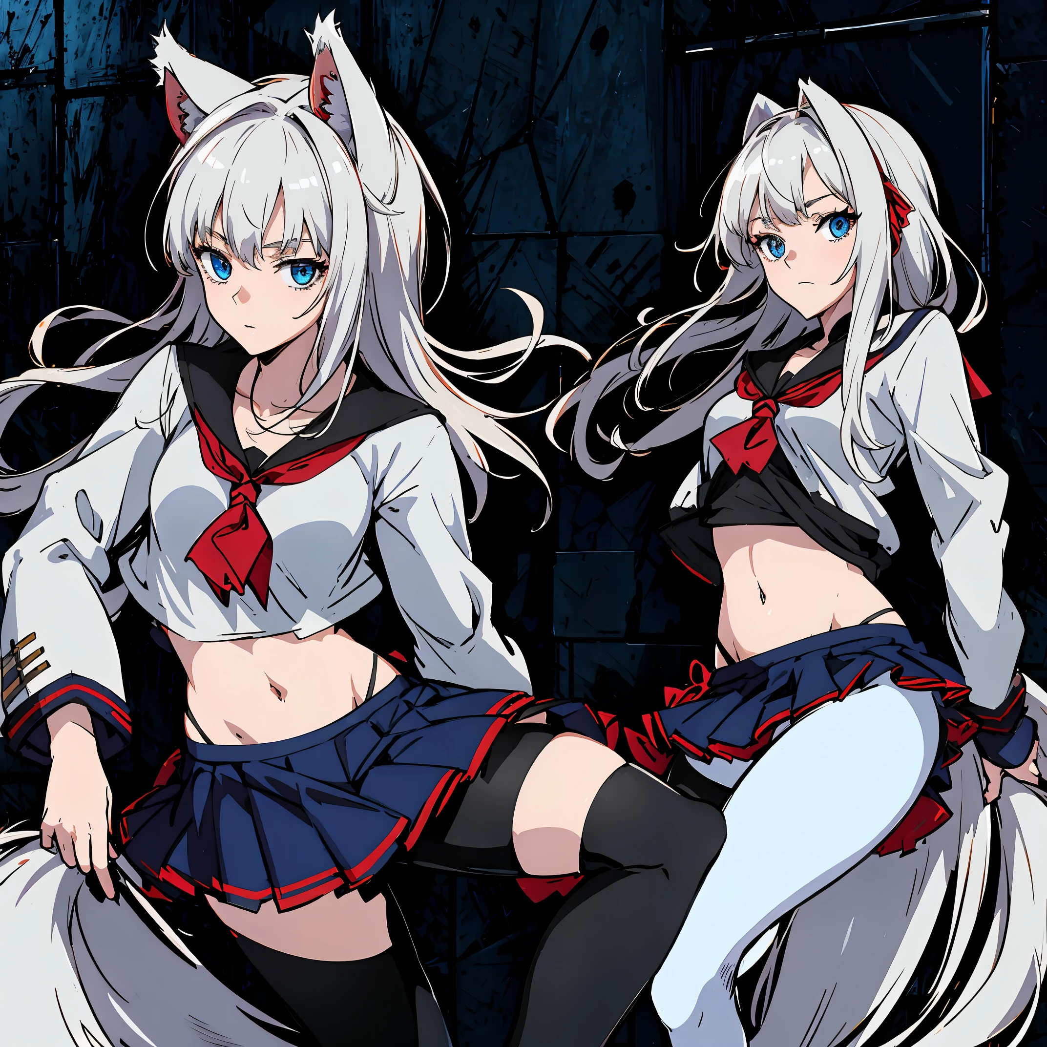 8k, resolution, high quality, high resolution, best quality, extremally detailed, best resolution, absurd resolution, ray tracing, high detailed, masterpiece, extremely detailed,shoulder length white hair, female,2 white wolf ears, teenage girl, slim body, white scale dragon tail,black boots,black leggings, navel blue school skirt, sailor shirt, white jacket, medium size chest, detailed blue eyes, detailed beautiful face,solo female,1 dragon tail, detailed eyes, tomboyish