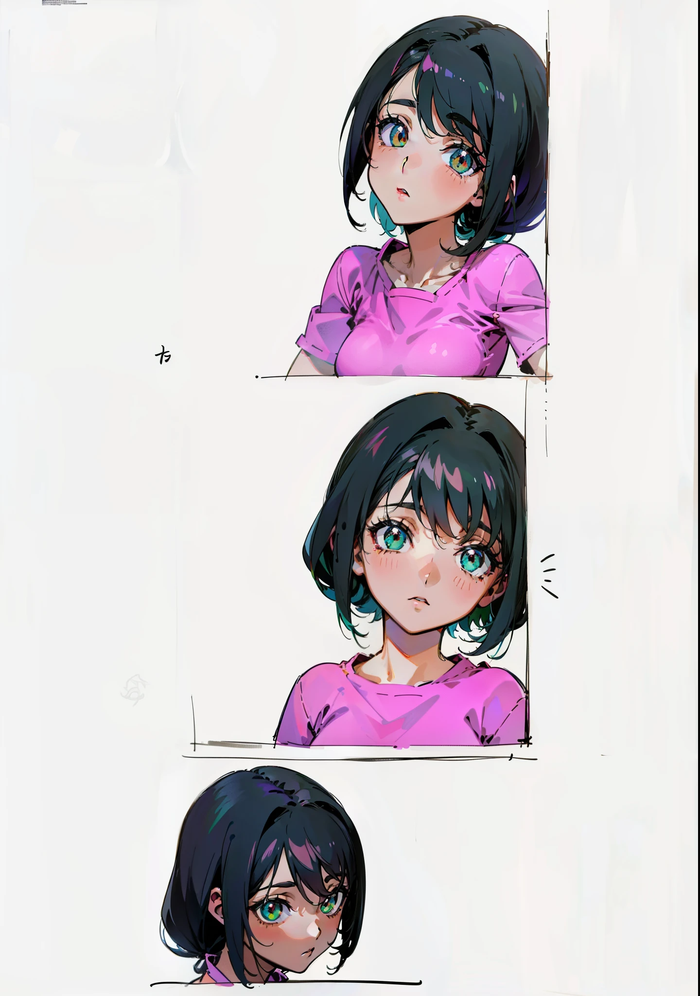 Gere uma imagem de arte no estilo anime de uma garota , com cabelos preto, olhos verde na arte estilo anime 