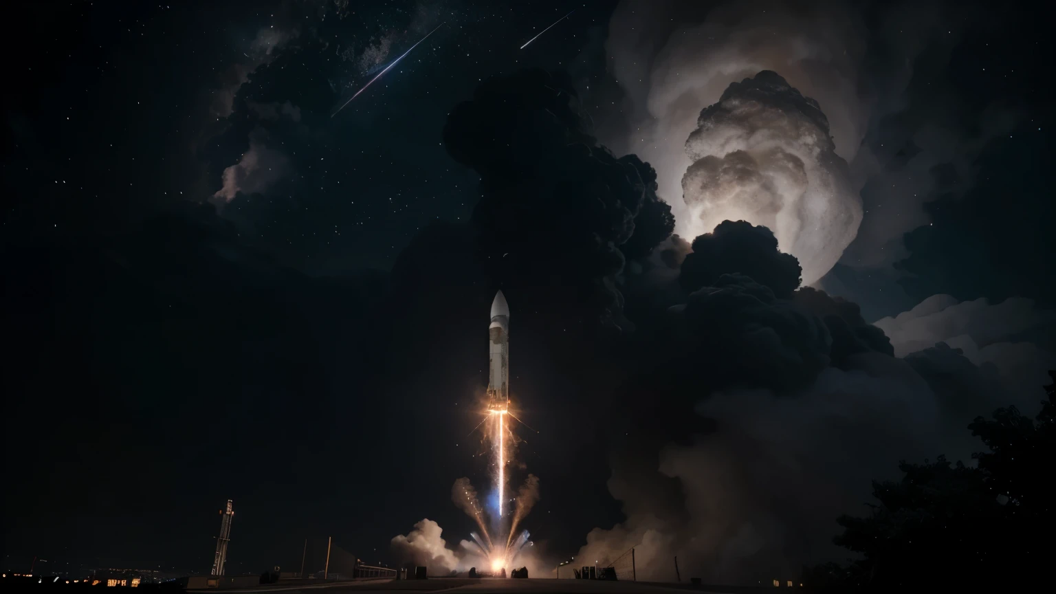 massive rocket ship during its launch from the ground, ground level with fire and smoke, low angle shot, vibrant, black background, city lights, cloud, constellation, moon, moonlight, dynamic lighting, in mdjrny-v4 style