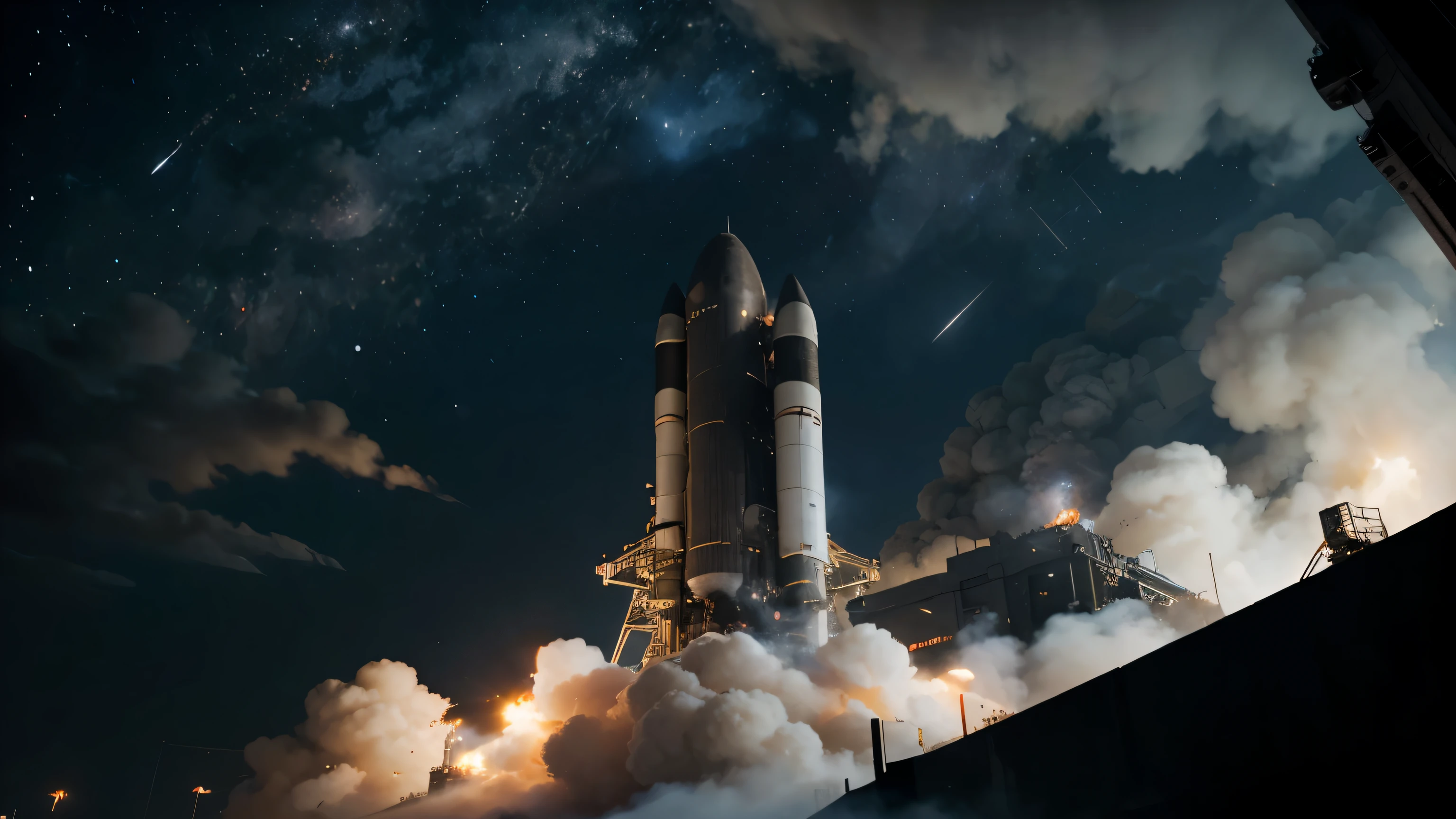 massive rocket ship during its launch from the ground, ground level with fire and smoke, low angle shot, vibrant, black background, city lights, cloud, constellation, moon, moonlight, dynamic lighting, in mdjrny-v4 style