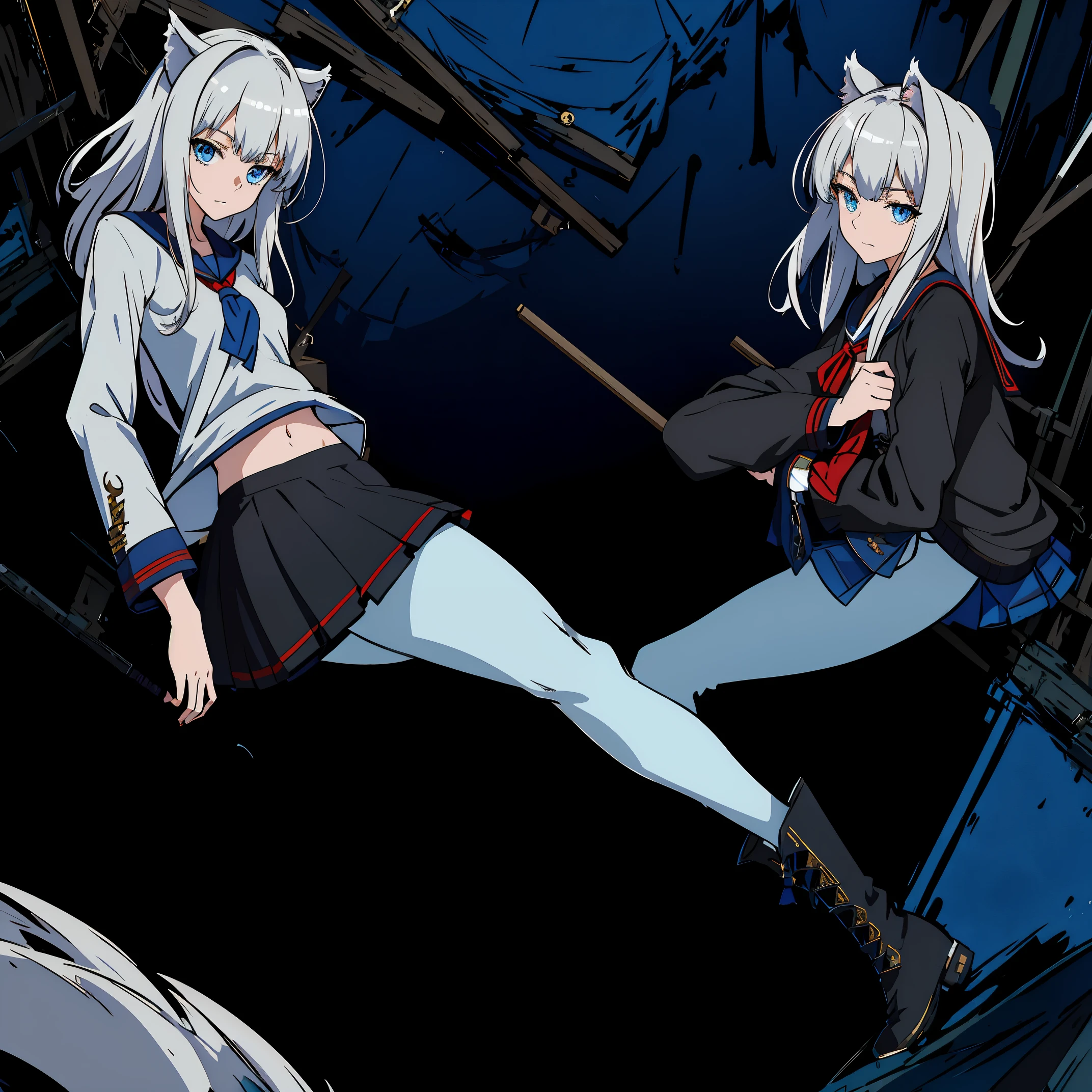 8k, resolution, high quality, high resolution, best quality, extremally detailed, best resolution, absurd resolution, ray tracing, high detailed, masterpiece, extremely detailed,shoulder length white hair, female,2 white wolf ears, teenage girl, slim body, white scale dragon tail,black boots,black leggings, navel blue school skirt, sailor shirt, white jacket, medium size chest, detailed blue eyes, detailed beautiful face,solo female,1 dragon tail, detailed eyes, tomboyish