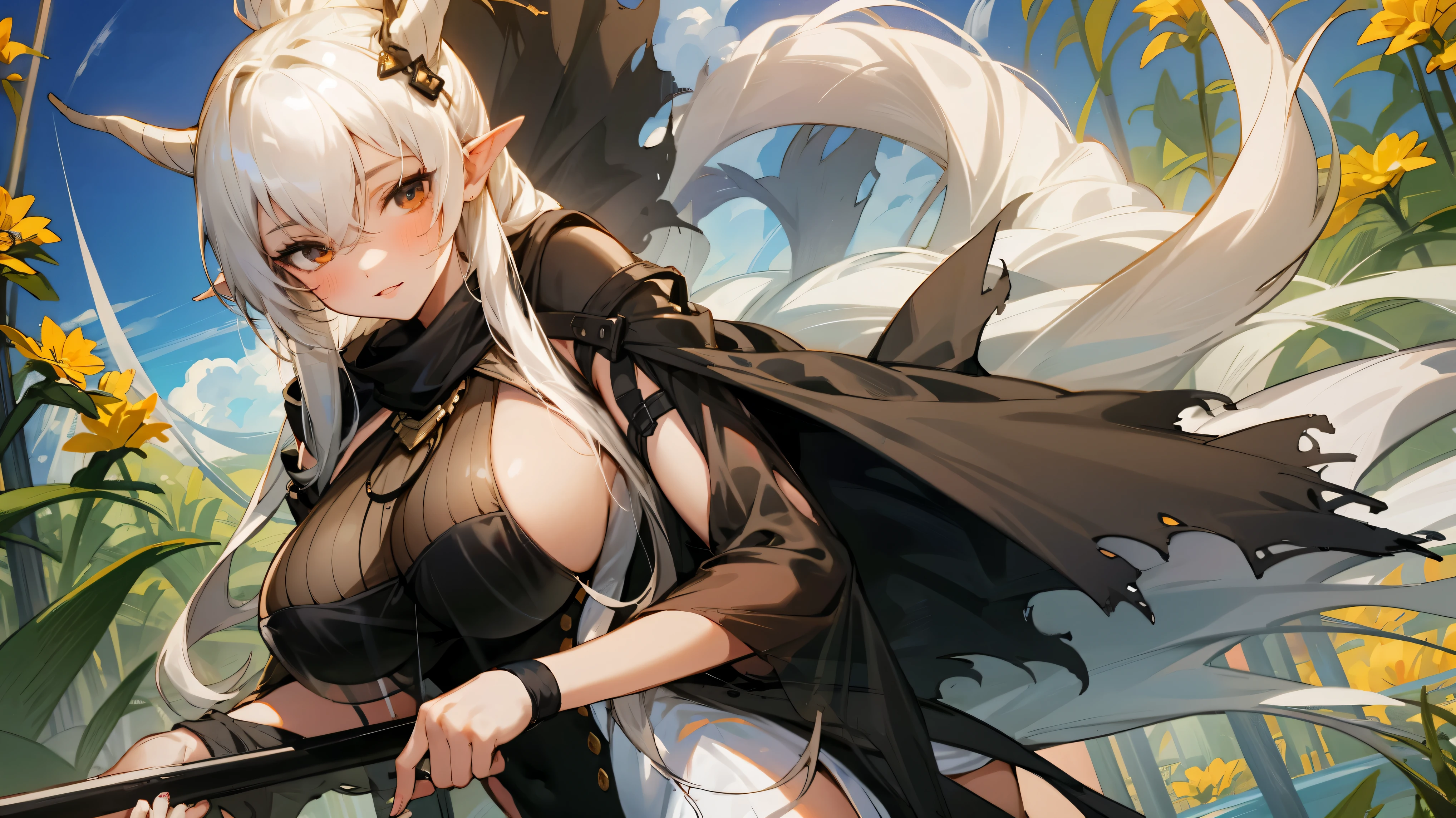 1girl,cowboy shot,shininghead,,big tits, transparent cloth on the chest, flowers