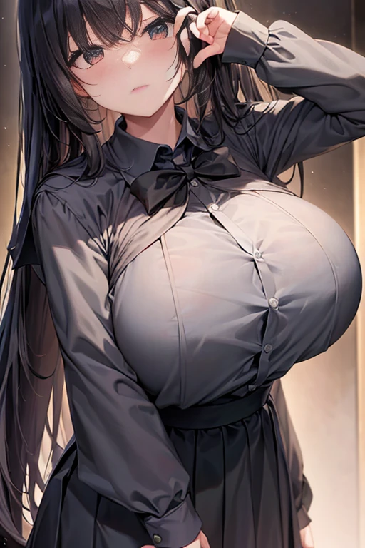 {{{bangs over eyes}}}、{{thin waist}}、{{{huge breasts、huge breasts}}}、{{Very Longhair、black hair、white skin、black school uniform / black serafuku、long sleeve、long skirt、red cheeks、dark atmosphere、tall}}、{{{tall}}}、{{Strange expressions}}