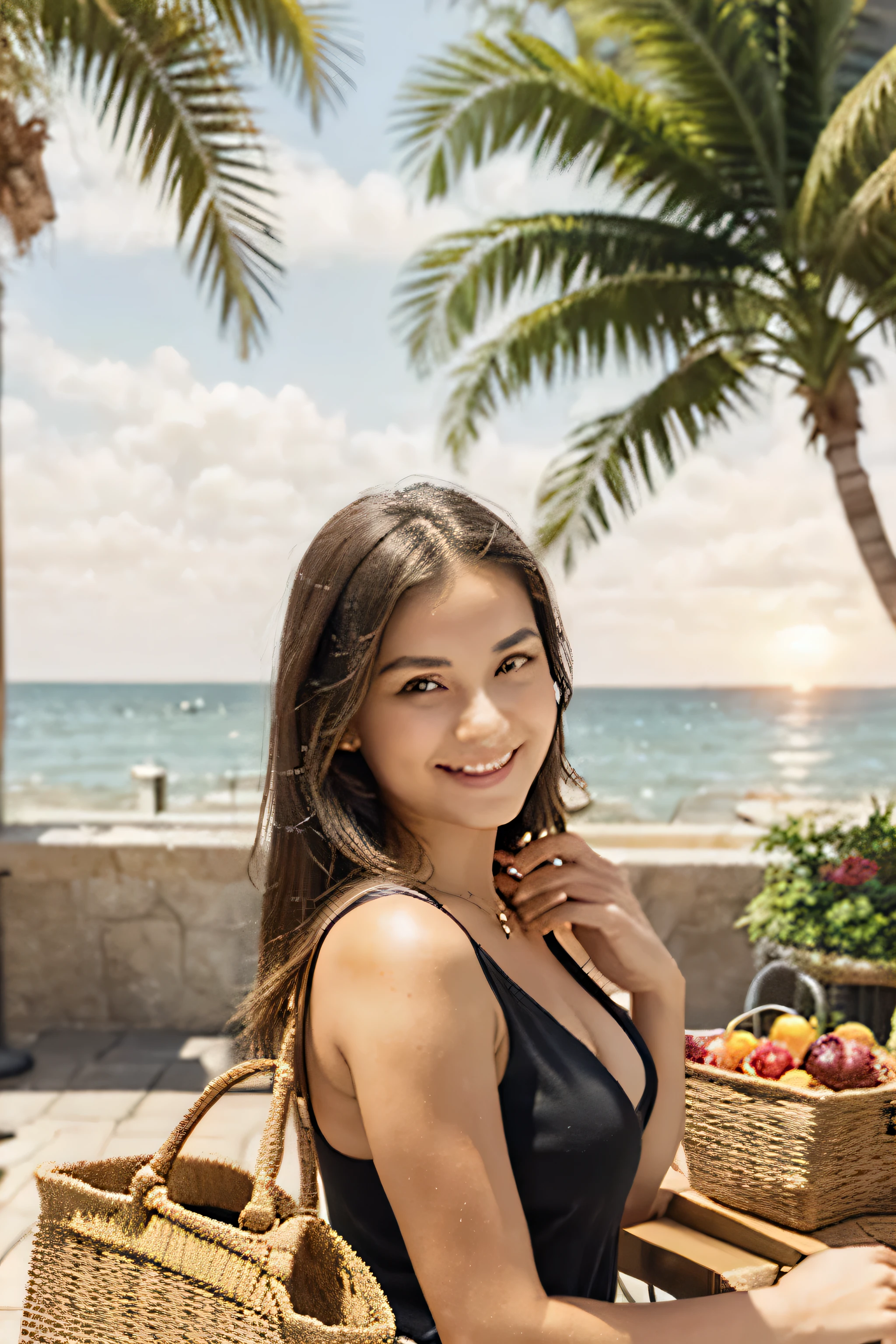 (réaliste:1.37),(meilleure qualité,4k:1.2) Jeune fille européenne, Cheveux foncés, yeux sombres, Souriant à la caméra, plage, pique-niquer, vêtu d'une jolie robe noire, Heure du coucher du soleil, sable doré, vagues douces, parasol de plage coloré, panier pique-nique, nourriture délicieuse, boissons rafraîchissantes, rire, ambiance joyeuse, ambiance relaxante, Mouettes volant dans le ciel, les palmiers se balancent au gré de la brise, Couleurs vibrantes du coucher de soleil, teintes chaudes d'orange et de rose, Lumière douce et brillante, ambiance tranquille.
