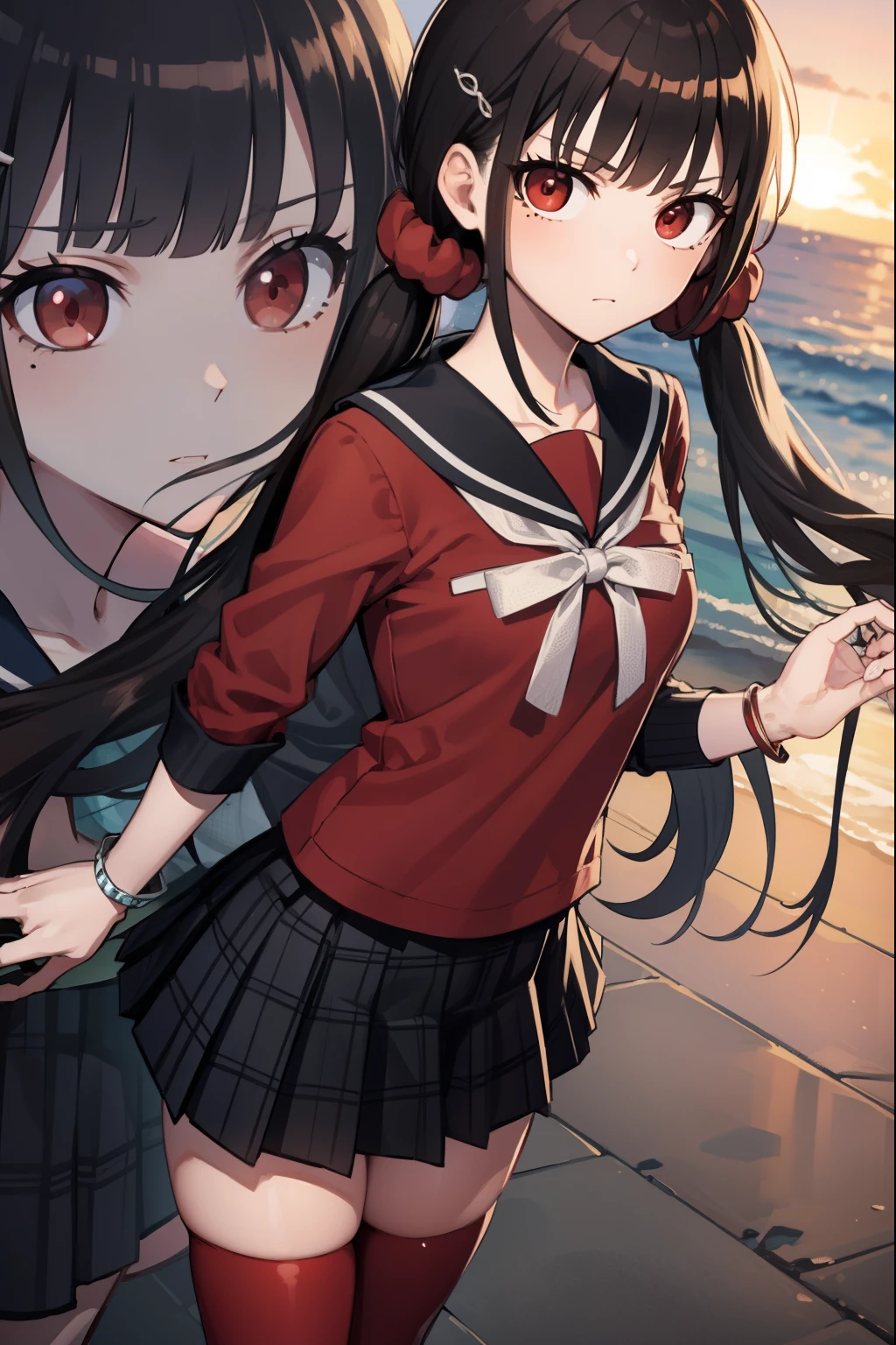 makiharukawa, harukawa maki, long hair, bangs, brown hair, black hair, hair ornament, (red eyes:1.5), twintails, very long hair, hairclip, blunt bangs, mole under eye, low twintails, scrunchie, hair scrunchie, red scrunchie, (small breast:1.2), BREAK skirt, shirt, thighhighs, long sleeves, bow, school uniform, pleated skirt, serafuku, miniskirt, black skirt, sailor collar, mole, bracelet, zettai ryouiki, plaid, plaid skirt, red shirt, black sailor collar, red thighhighs, BREAK looking at viewer, BREAK outside, beach, BREAK (masterpiece:1.2), best quality, high resolution, unity 8k wallpaper, (illustration:0.8), (beautiful detailed eyes:1.6), extremely detailed face, perfect lighting, extremely detailed CG, (perfect hands, perfect anatomy),