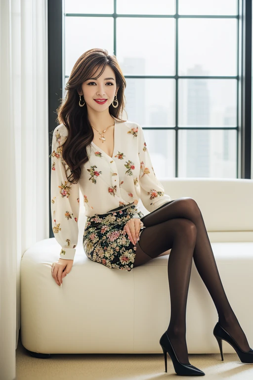 (best quality),(full body portrait),(long thin legs)、delicate face, Pretty face,Slender,((Floral blouse、ivory tight skirt)),Offices on high floors、There are large windows、Detailed background、cleavage、adorable,smile,sitting pose,((black pantyhose))、black high heels、Tiffany's Necklace、Ring-shaped earrings、chain anklet
