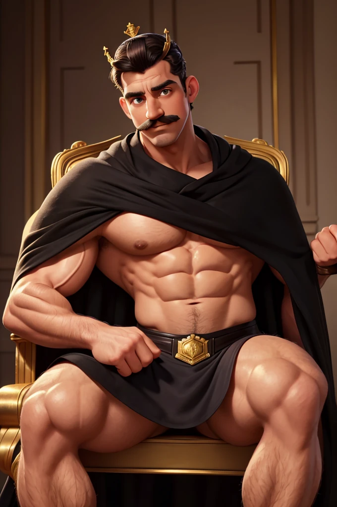 (a french prince with black 1930s mustache, muscular pectorals, and biceps with dad bod, sitting on a throne, wearing a crown and cape, and flexing his bicep), oil painting, realistic, highres, portrait, vivid colors, warm tones, soft lighting