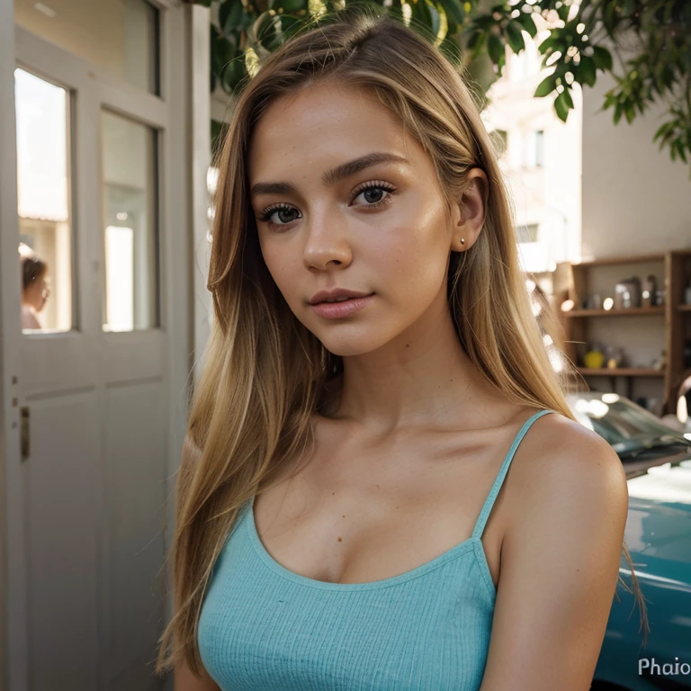 A 23-year-old blonde woman, ((pechos grandes)), ((hiperrealismo)) ,. blonde hair with light brown roots. cabello rubio, Hair with brown roots, cabello extra largo, cabello muy largo, Cabello muy largo, hermoso, vista frontal, autofoto, Foto tomada con iPhone, elegante vestido azul con escote, escotada, autofoto in the fotocool, alta calidad, autofoto iPhone, escote, ojos verdes