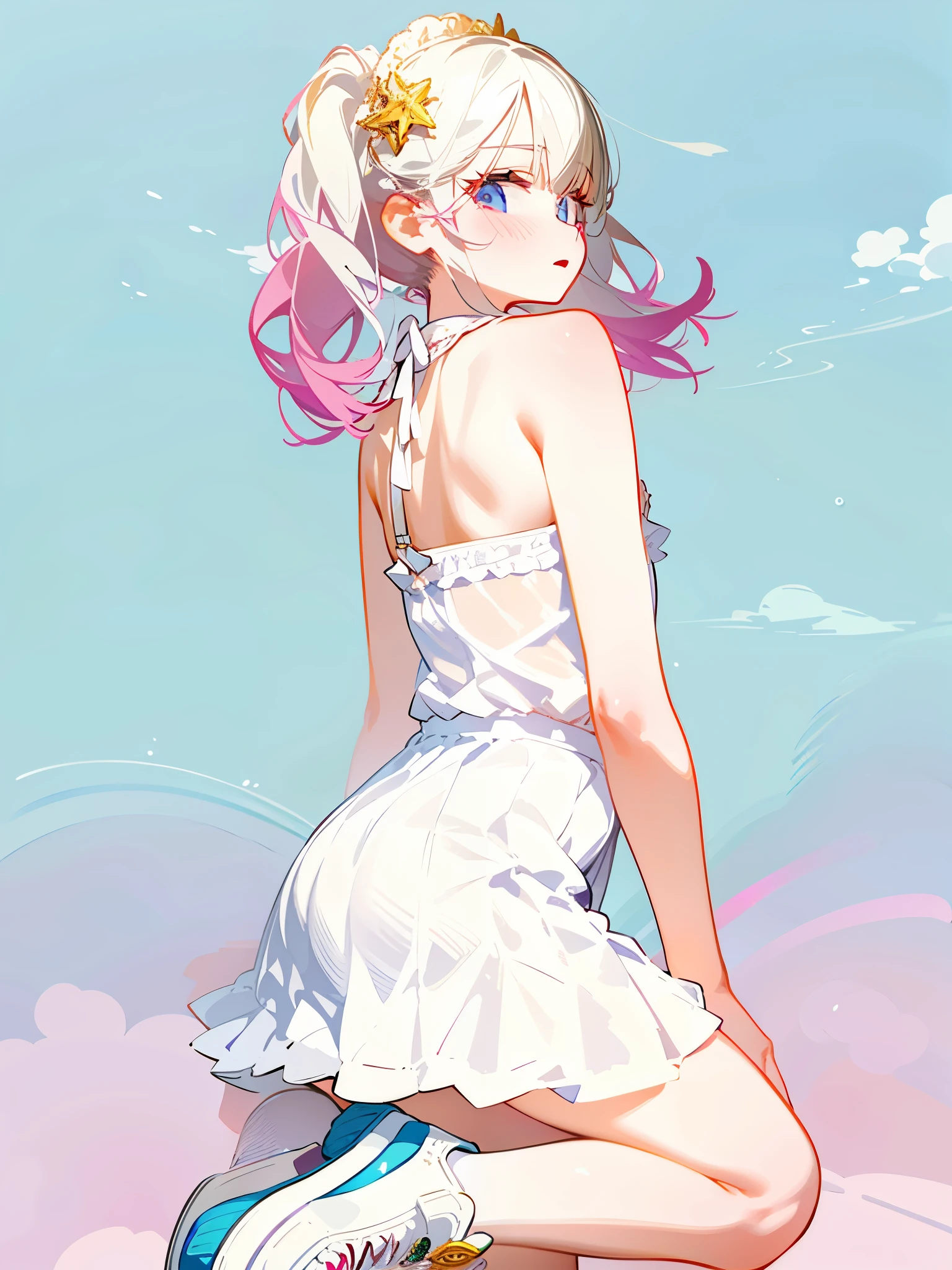 1girl, anime style, white skirt, white sneakers, frilly outfit, Bend knees