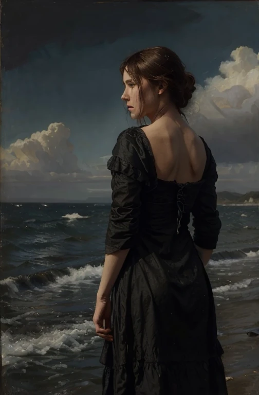 ((in the style of jeremy lipking)) ((in the style of nicola samori)) woman, black dress, back, sky, ((very windy)) river