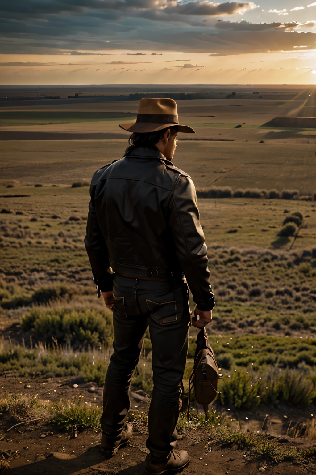 man explorer in leather jacket indiana jones style standing backwards on lgreat plains looking away at horizon