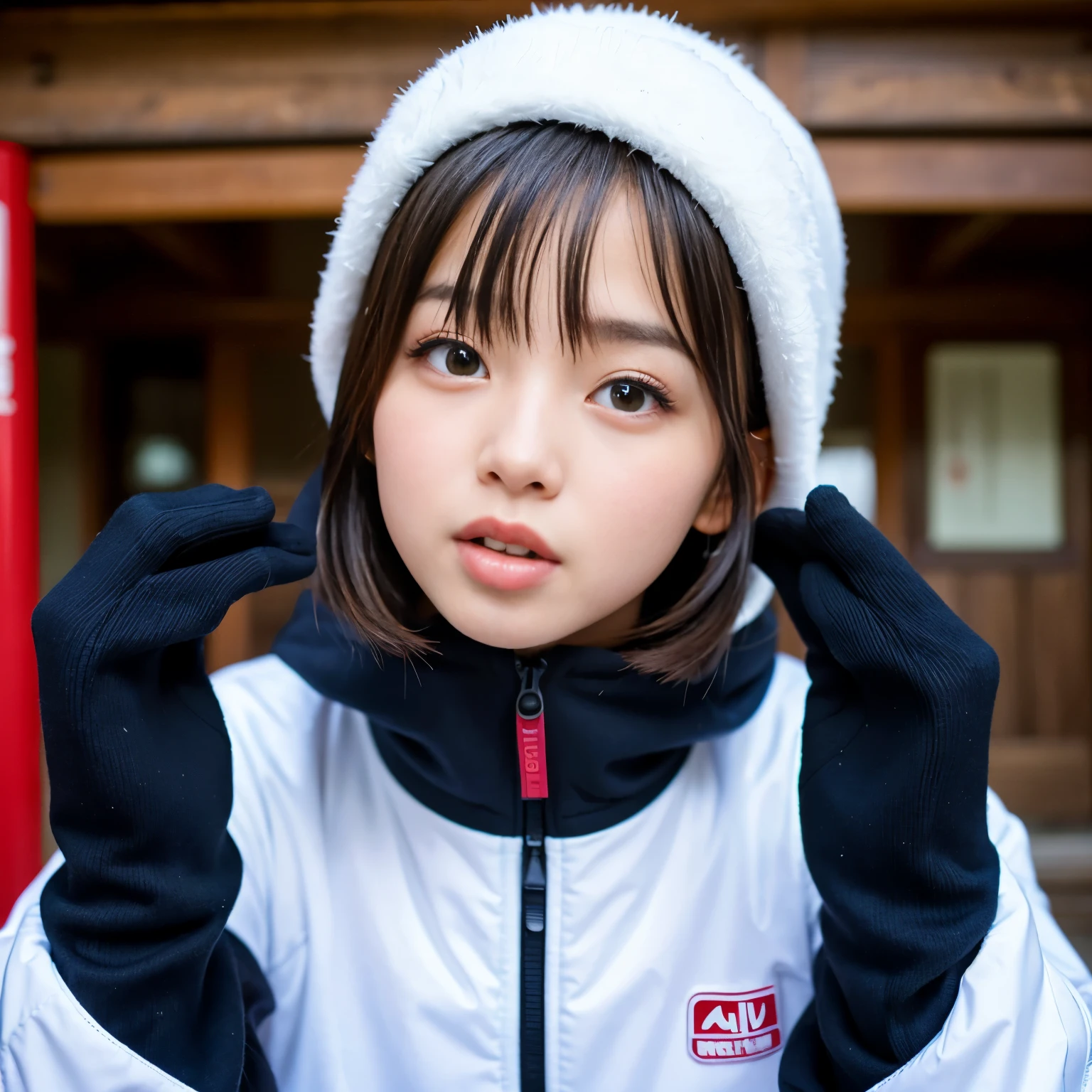 Best-quality, Masterpiece, Ultra-High-Resolution, (Photorealistic:1.4), Raw-Photo, 1girl, -yeld, thost famous Japanese idol, wearing only skii-clothes with cute design, at midnight, in mountain lodge, face-focus, portrait, extremely cute face like a most popular Japanese idol, extremely beautiful big-black-eyes, extremely beautiful black-short-cut-haired, extremely beautiful long-eyelashes, extremely beautiful lips, extremely beautiful skins, ((reaching intense orgasm):1.5), detailed skii-clothes-with-cute-design
