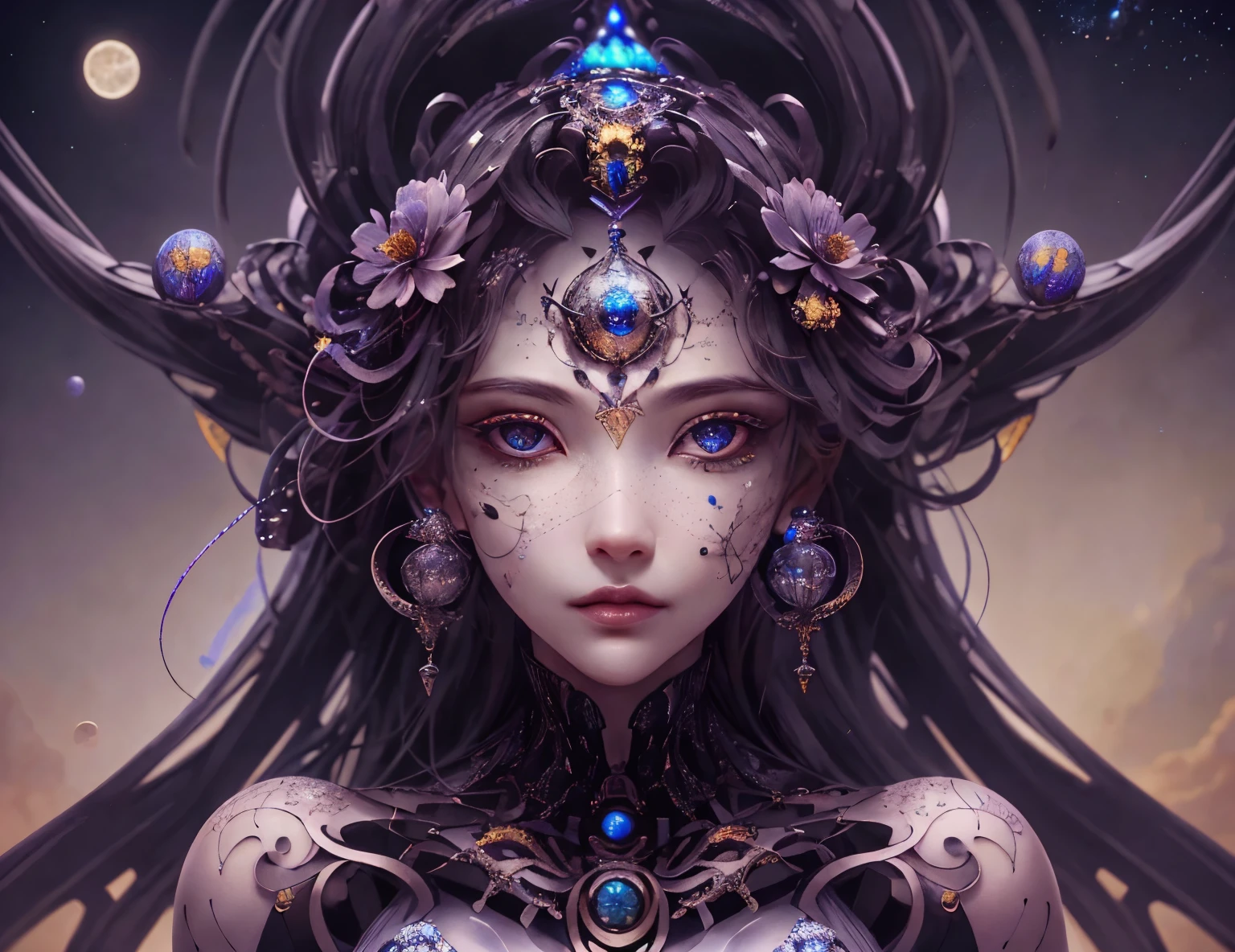 （best qualtiy，ultra - detailed，Most Best Illustration，Best shadow，tmasterpiece，A high resolution，professionalartwork，famousartwork），Detailed eyes，beautidful eyes，closeup cleavage，sci-fy，colored sclera，Robot eyes，face markings，Tattooed with，（fractalized，Fractal eyes），largeeyes，Wide eyes，（Eye focus），sface focus，Cosmic eyes，Space eyes，Close-up of metal sculpture of a woman with a moon in her hair，goddes。extremly high detail，3 d goddess portrait，Extremely detailed footage of the goddess，a stunning portrait of a goddess，Side portrait of the goddess，portrait of a beautiful goddess，Full body close-up portrait of the goddess，hecate goddess，portrait of a norse moon goddess，goddess of space and time, oil shiny masterpiece, side lighting, lighting combination masterpiece