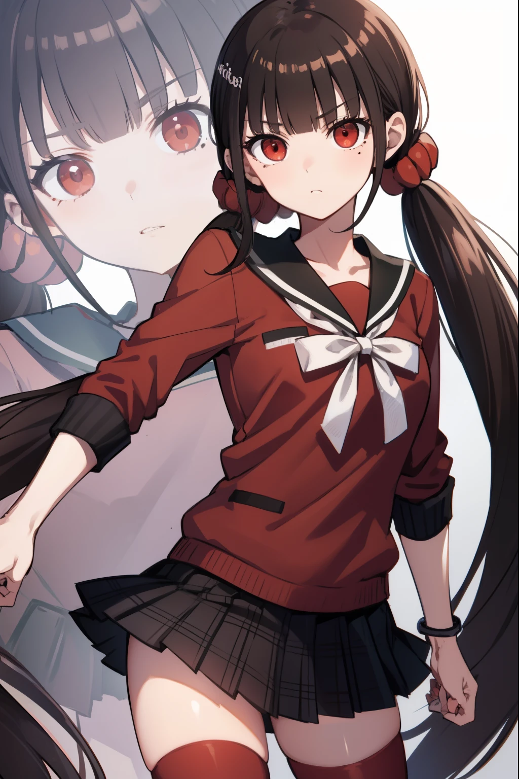 makiharukawa, harukawa maki, long hair, bangs, brown hair, black hair, hair ornament, (red eyes:1.5), twintails, very long hair, hairclip, blunt bangs, mole under eye, low twintails, scrunchie, hair scrunchie, red scrunchie, (small breast:1.2), BREAK skirt, shirt, thighhighs, long sleeves, bow, school uniform, pleated skirt, serafuku, miniskirt, black skirt, sailor collar, mole, bracelet, zettai ryouiki, plaid, plaid skirt, red shirt, black sailor collar, red thighhighs, BREAK looking at viewer, BREAK outside, beach, BREAK (masterpiece:1.2), best quality, high resolution, unity 8k wallpaper, (illustration:0.8), (beautiful detailed eyes:1.6), extremely detailed face, perfect lighting, extremely detailed CG, (perfect hands, perfect anatomy),