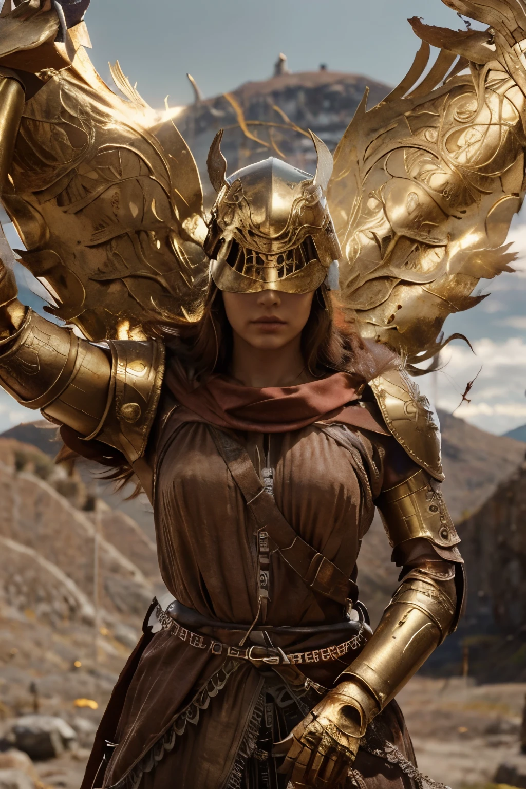 Una mujer, casco dorado con alas de oro, cuerpo desnudo con capa roja, brazos con armadura dorada, alas de oro, senos grandes, cuerpo en forma de reloj de arena, piel blanca, mountain background with sunlight, el casco tapa el rostro hasta la nariz