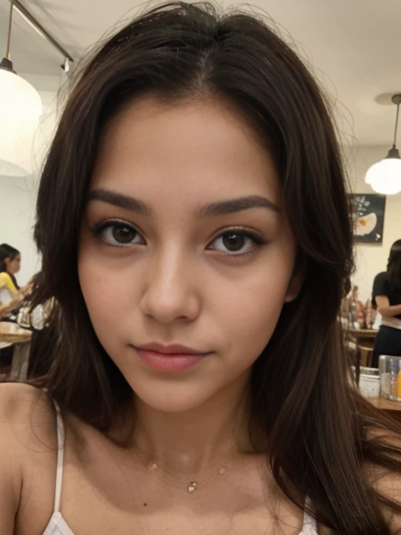 Foto de uma mulher morena de 20 anos, que tem um rosto muito natural, labios finos, olhos finos, sobrancelhas finas, nariz fino, brincos, long eyelashes. She takes a cute selfie in a cafe