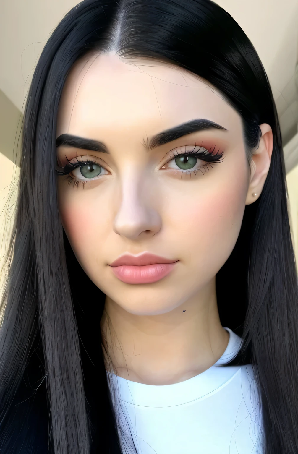 A closeup of a woman with long black hair and a white T-shirt, leather belt, TikTok video, she's about 29 years old, she's staring at the camera, Ava Max, she's got black hair, her black hair is a long curly, natural light environment, detailed skin, detailed eyes, ultra realistic image, straight face for camera A naturally beautiful woman, cozy winter, (upper body, (closeup:1.2), head shot), 8K, Raw, UHD, Fujifilm X-T3, close up, highly detailed face, (((glans))), (candid, amateur), body directed forward, upper body