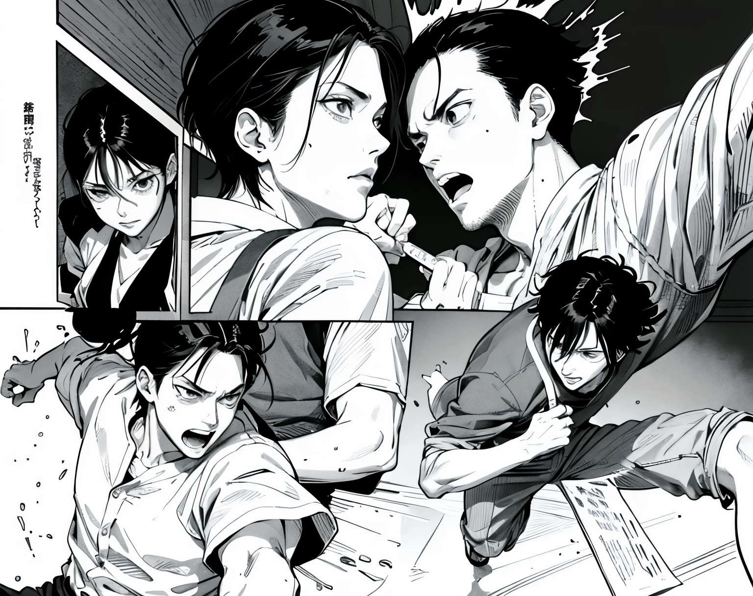a drawing of a man in a white shirt and pants kicking, black and white manga page, Yoshitaka Amano e Junji Ito, Estilo Hajime Isayama, black and white manga panel, manga scans, manga page, striking manga artstyle, em Berserk Manga, award winning manga style, horror manga