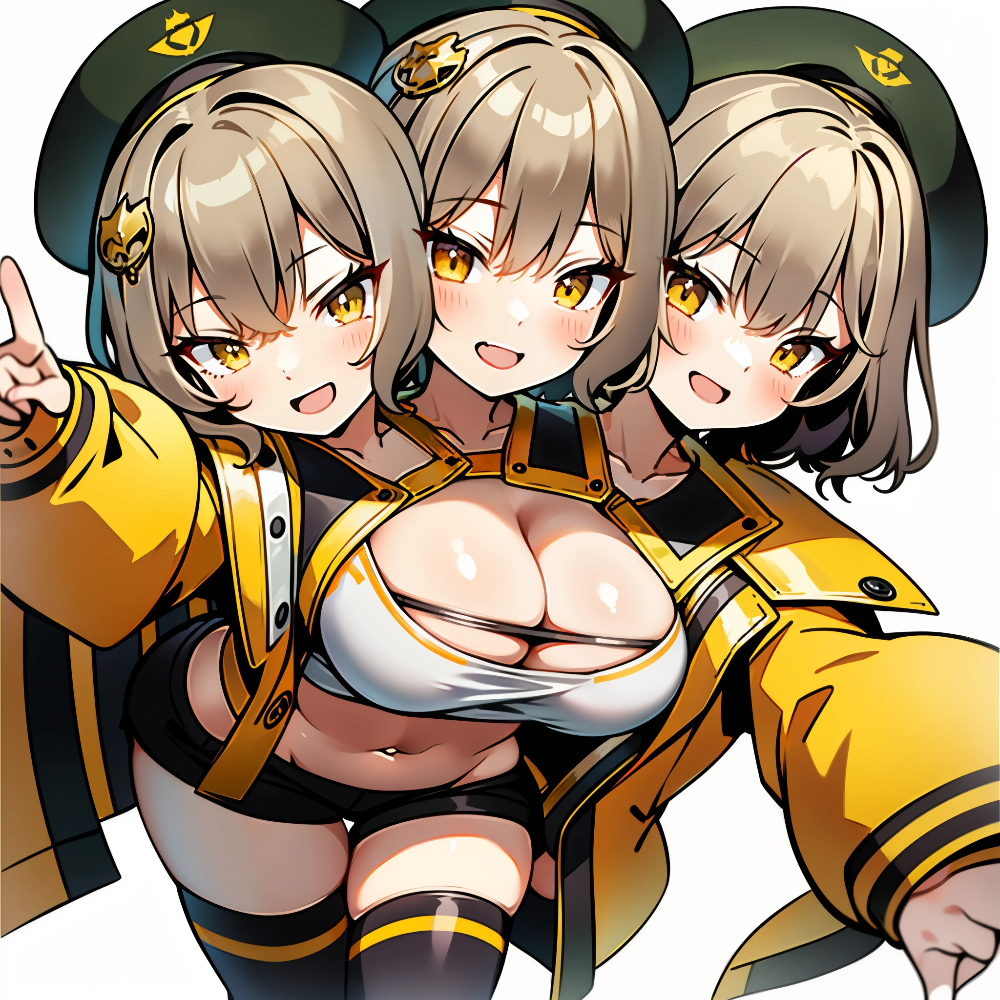 (2heads:1.2), 1girl,solo,anisdef, yellow eyes, cleavage, grey jacket, thighhighs, open clothes, beret, masterpiece, absurdres, best quality, white background, action pose, dynamic shot, half body, big smile